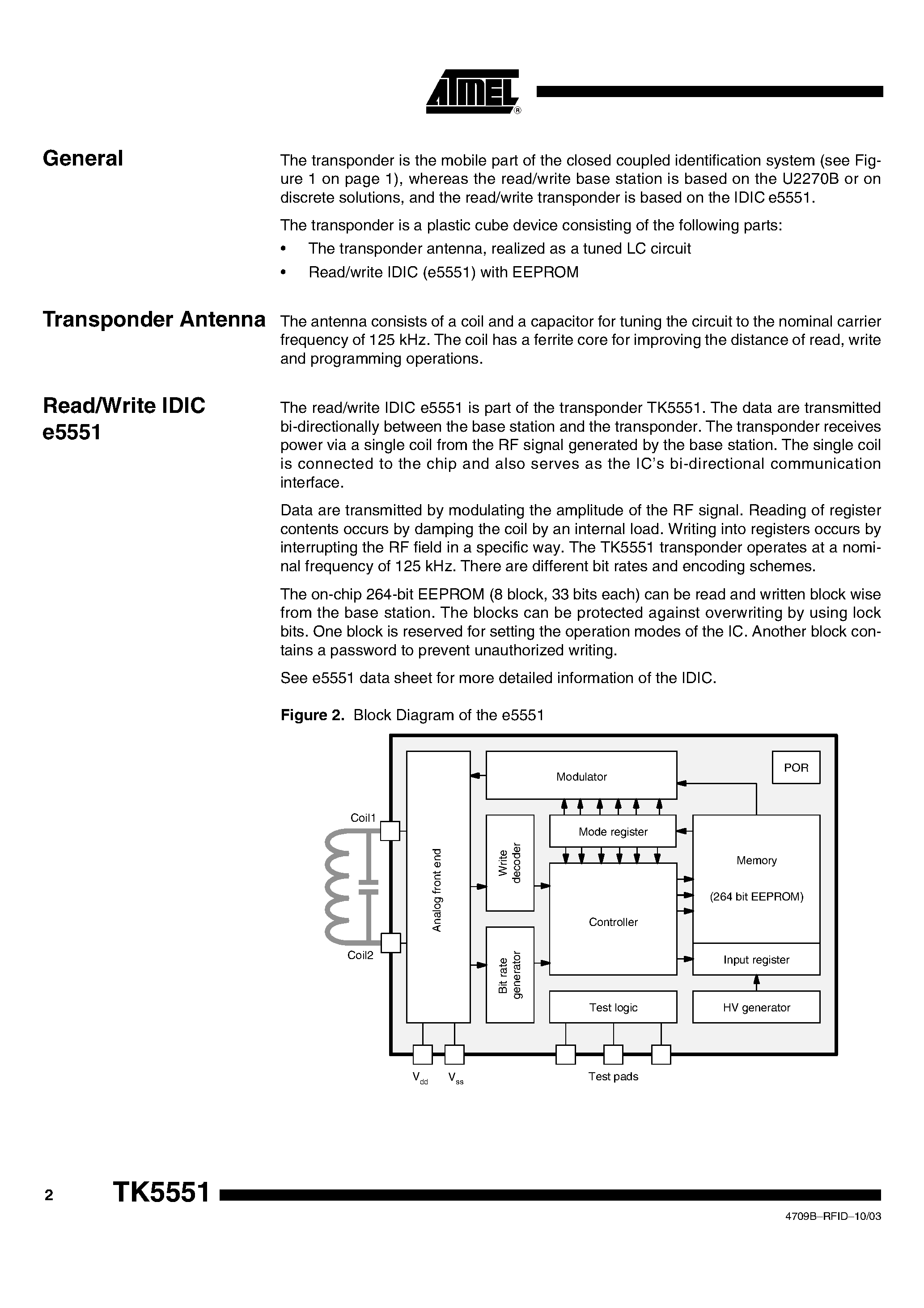 Даташит TK5551 - STANDARD READ /WRITE ID TRANSPONDER WITH ANTI COLLISION страница 2