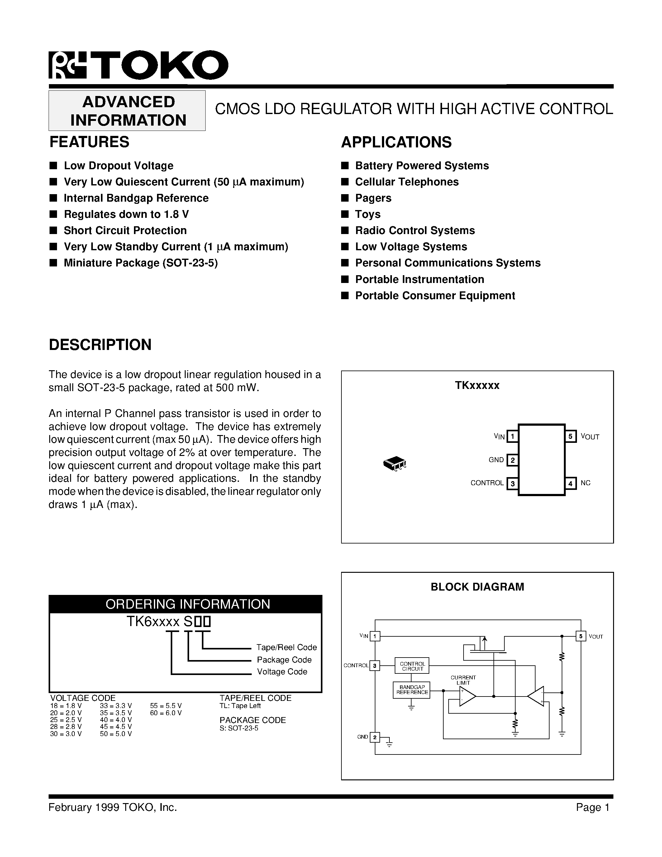 Datasheet TK625STL page 1 Datasheet TK625STL - CMOS LDO REGULATOR WITH HIGH ACTIVE CONTROL ADVANCED page 1