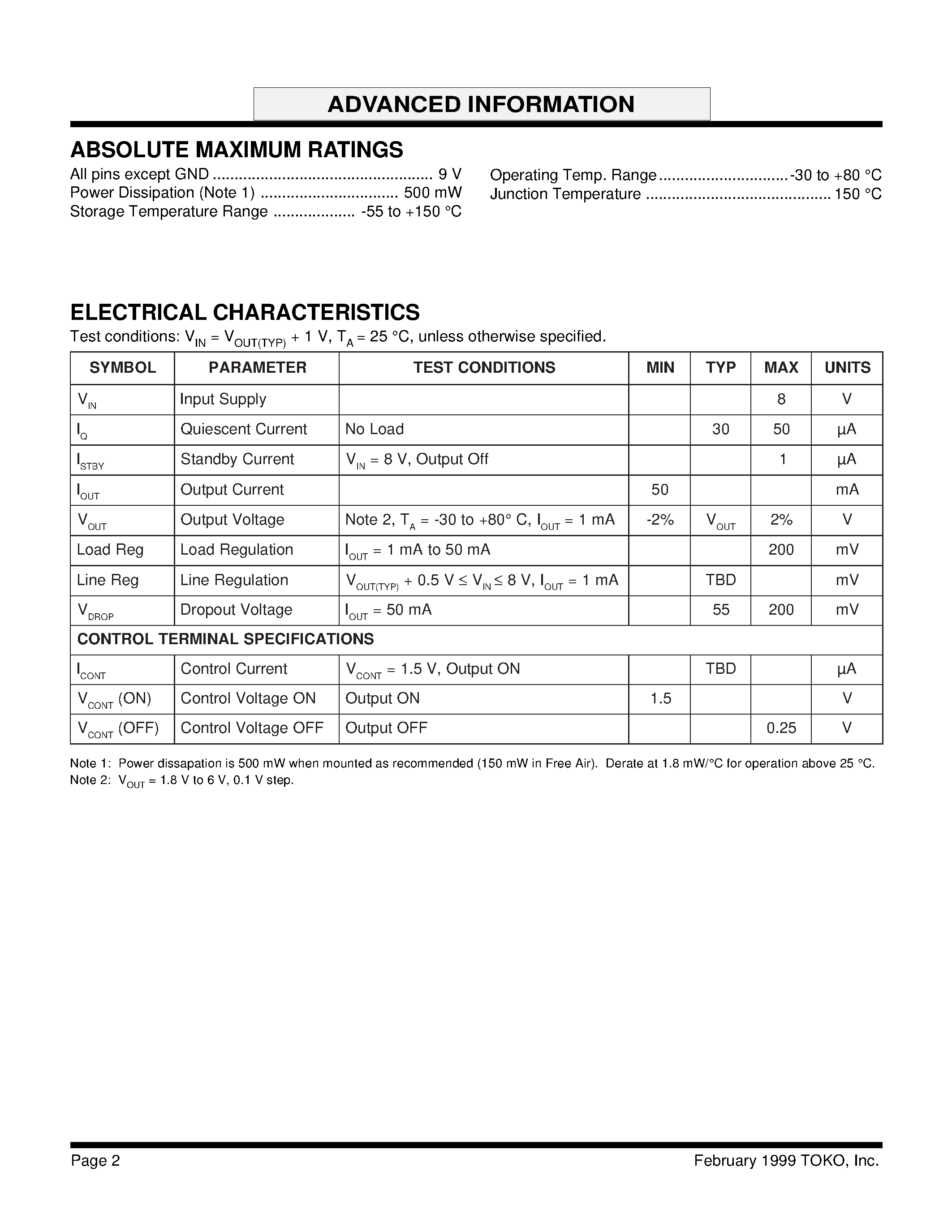 Datasheet TK640STL page 2 Datasheet TK640STL - CMOS LDO REGULATOR WITH HIGH ACTIVE CONTROL ADVANCED page 2