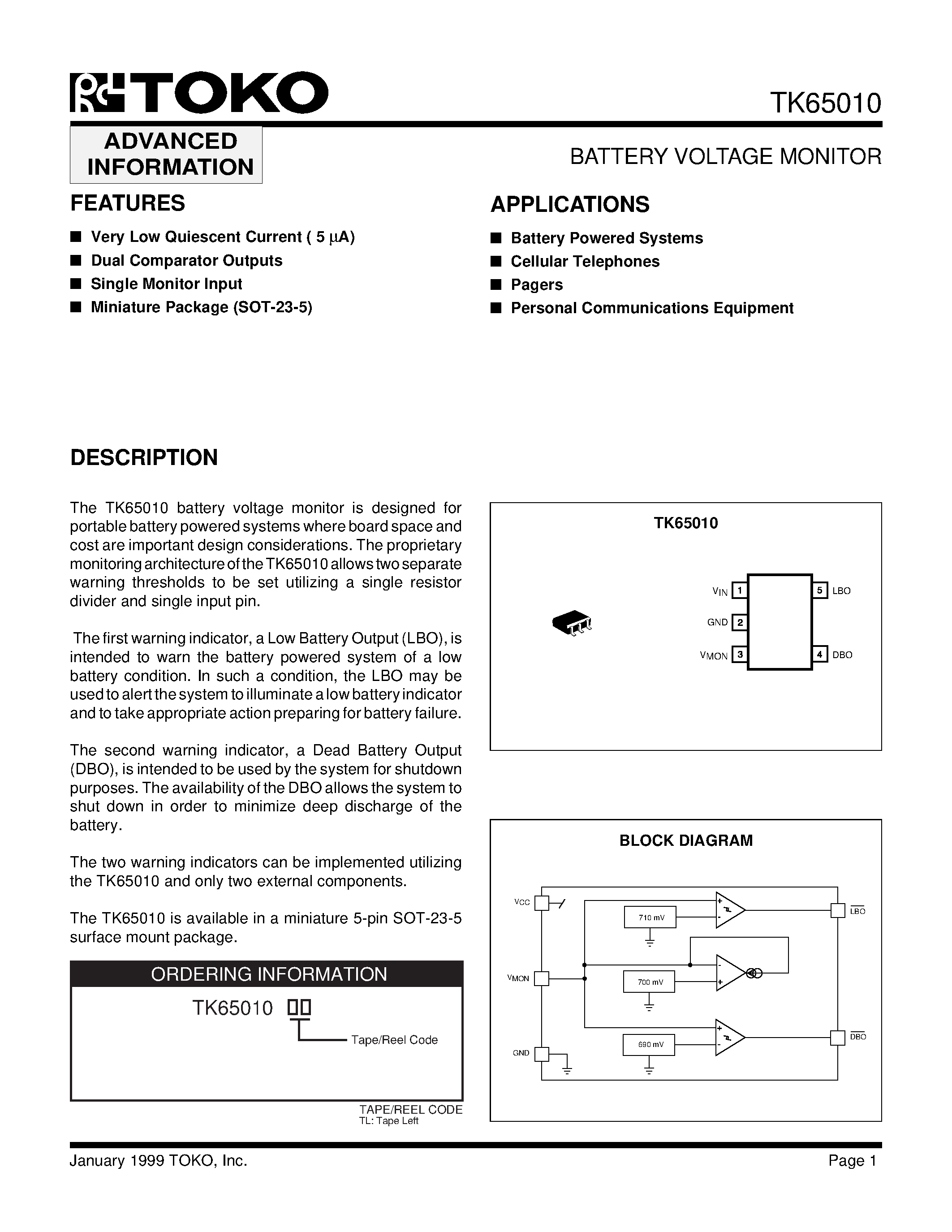 Datasheet TK65010 - BATTERY VOLTAGE MONITOR page 1
