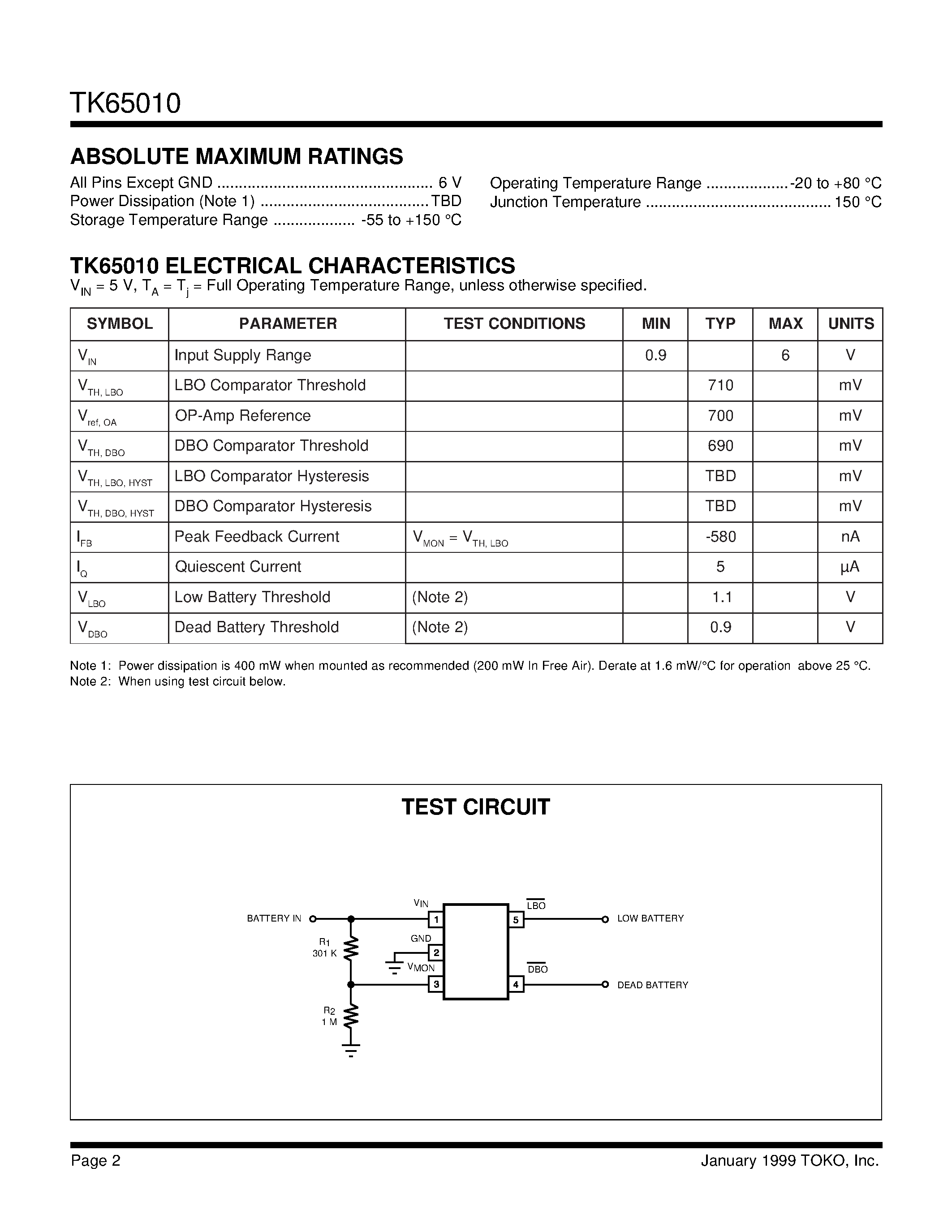 Datasheet TK65010 - BATTERY VOLTAGE MONITOR page 2