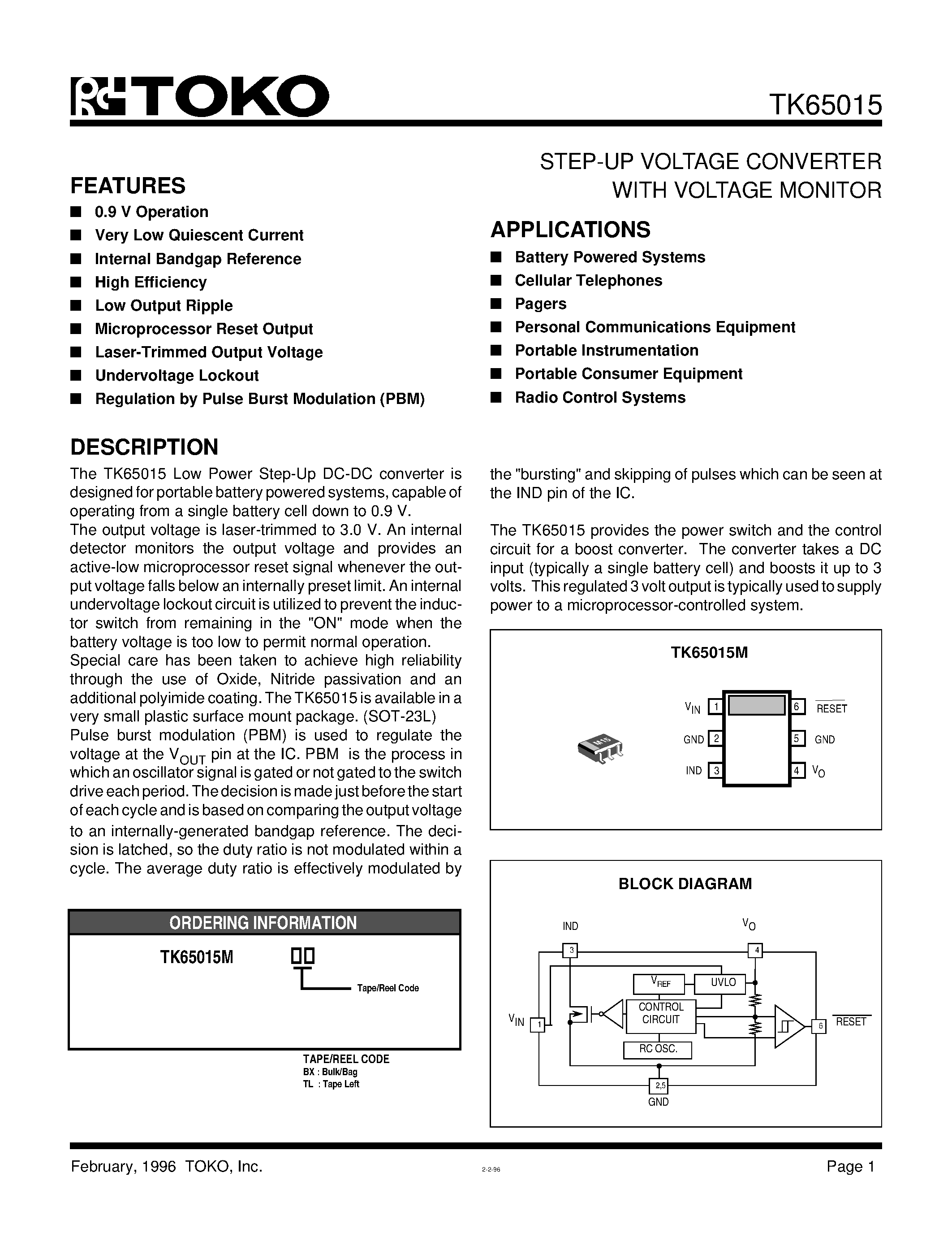 Datasheet TK65015 - STEP-UP VOLTAGE CONVERTER WITH VOLTAGE MONITOR page 1