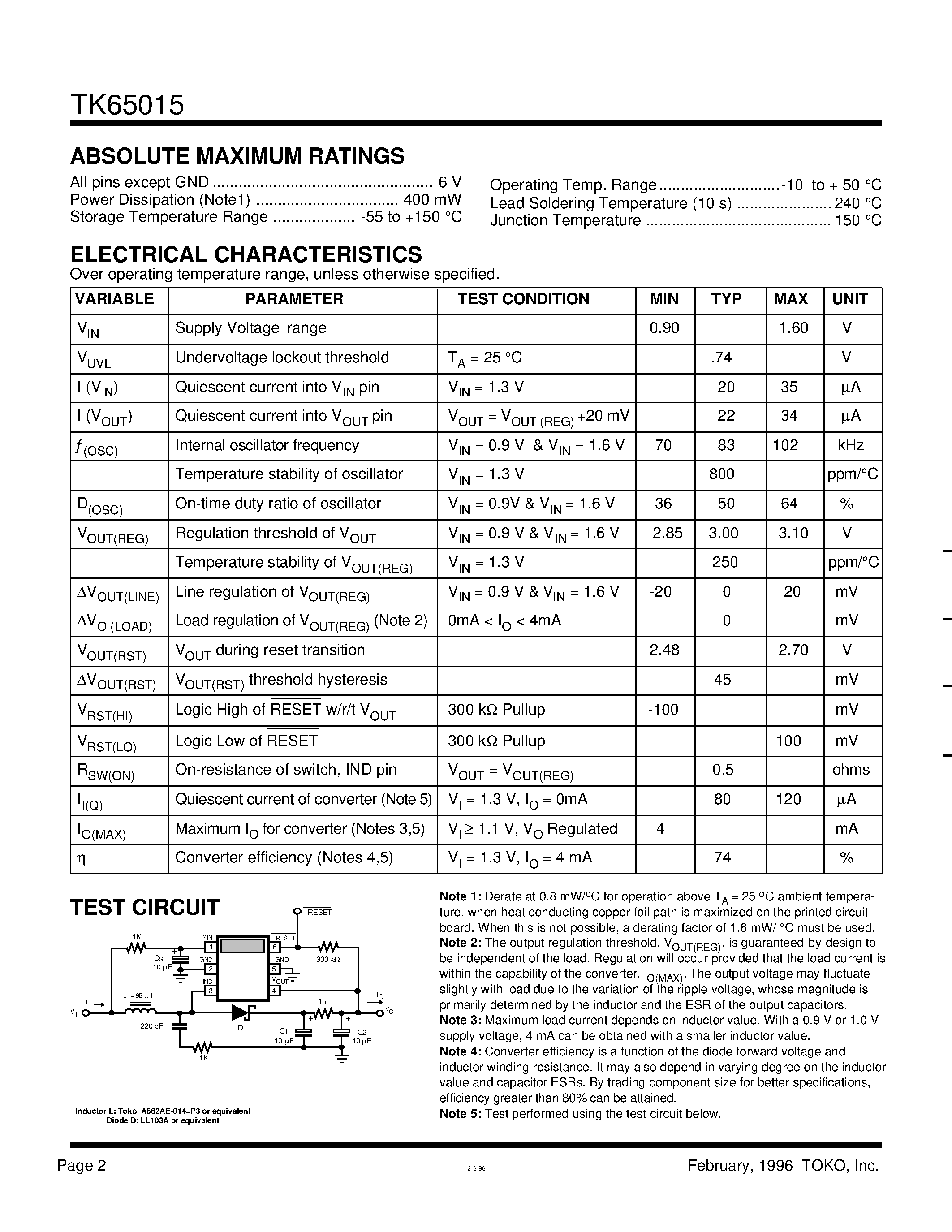 Datasheet TK65015M - STEP-UP VOLTAGE CONVERTER WITH VOLTAGE MONITOR page 2