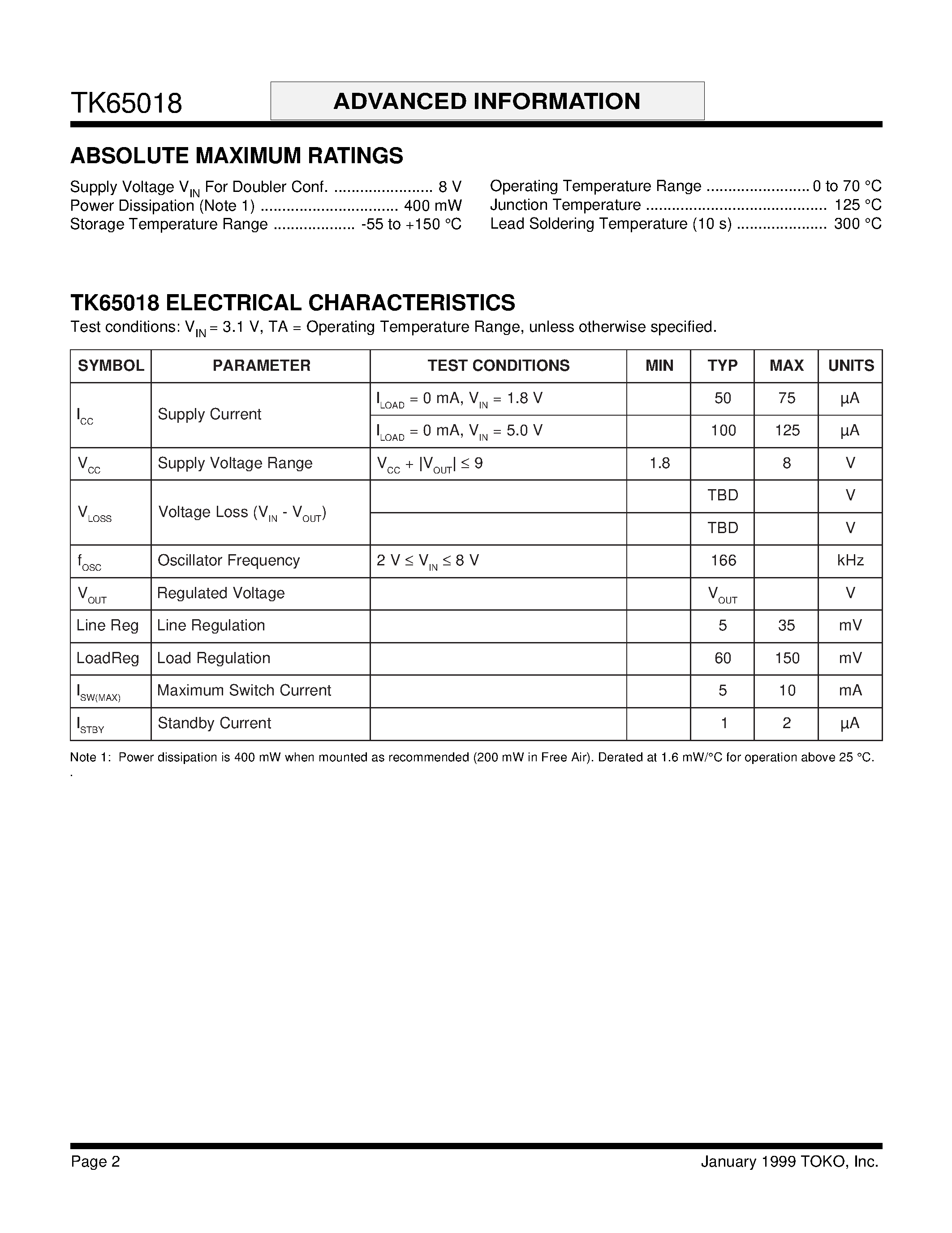 Datasheet TK65018 page 2 Datasheet TK65018 - CMOS SWITCHED CAPACITOR VOLTAGE CONVERTER WITH REGULATOR page 2