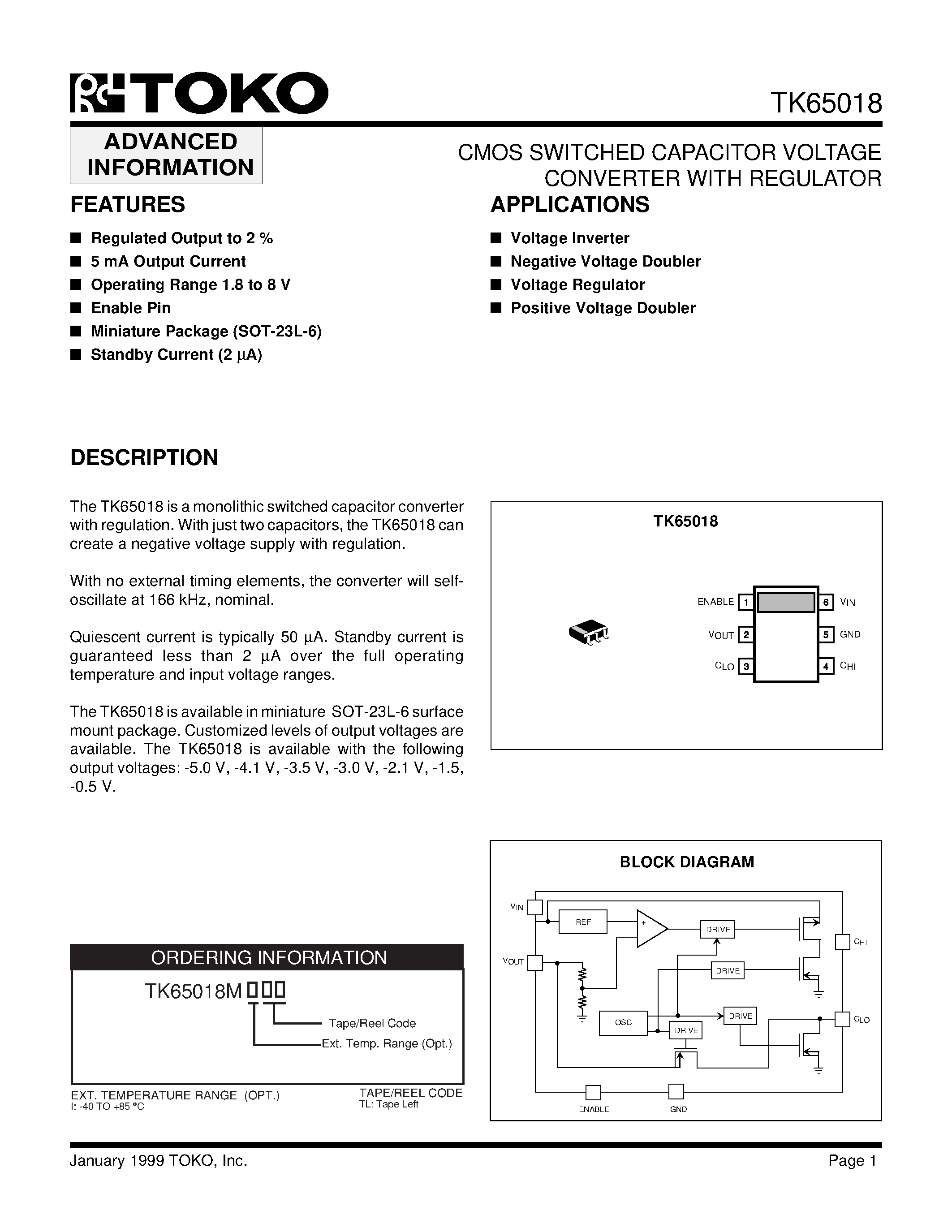 Datasheet TK65018MITL - CMOS SWITCHED CAPACITOR VOLTAGE CONVERTER WITH REGULATOR page 1