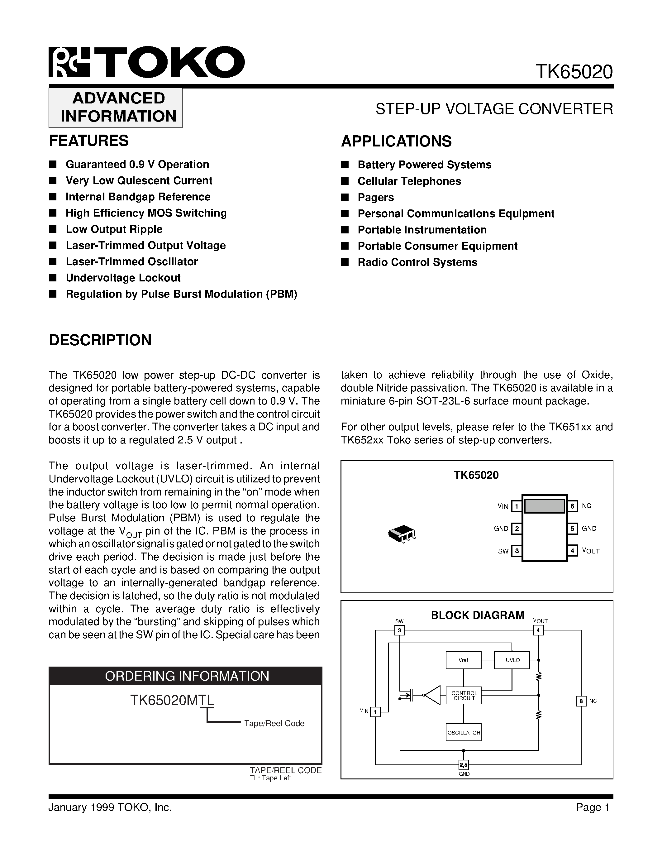 Datasheet TK65020 - STEP-UP VOLTAGE CONVERTER page 1