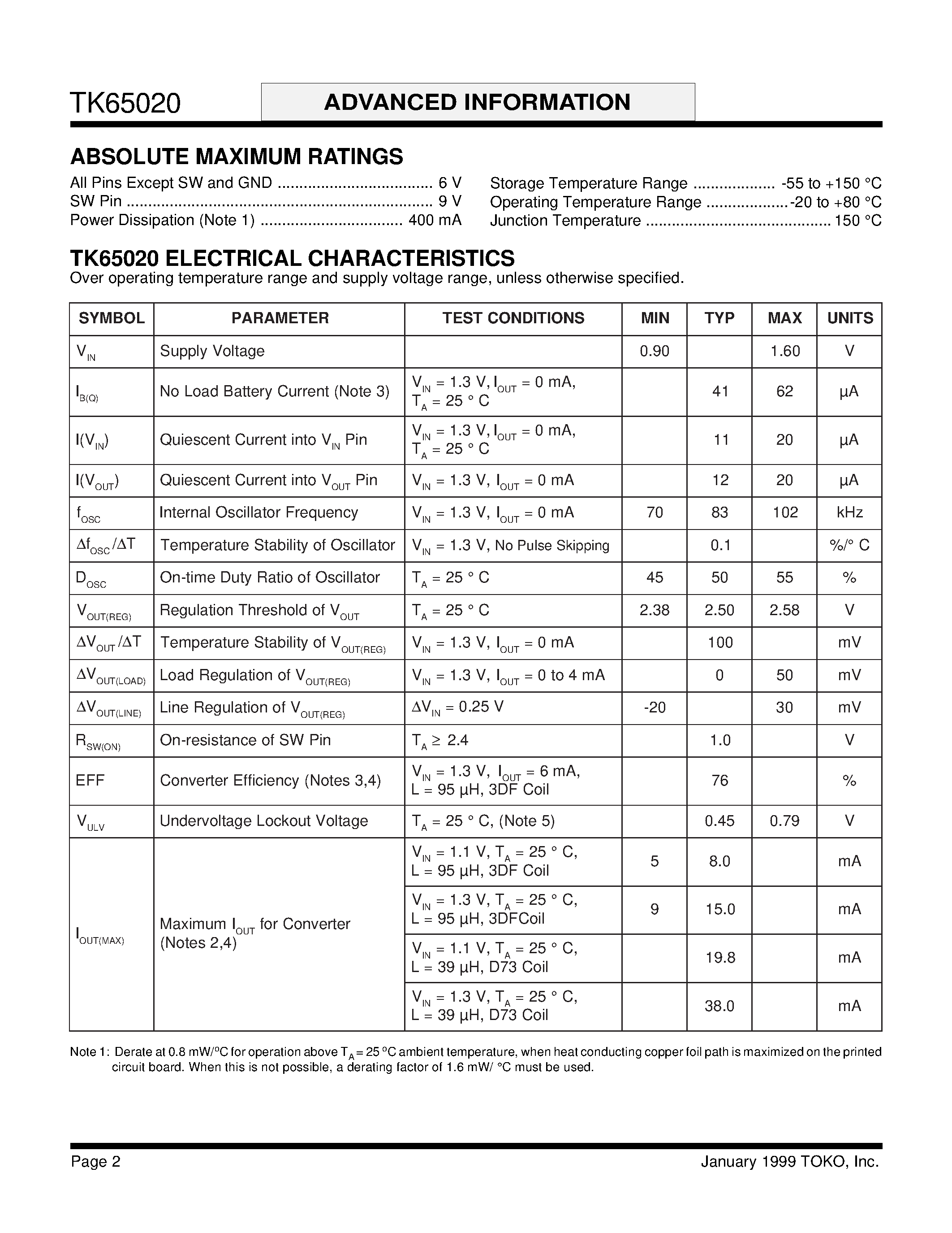 Datasheet TK65020 - STEP-UP VOLTAGE CONVERTER page 2