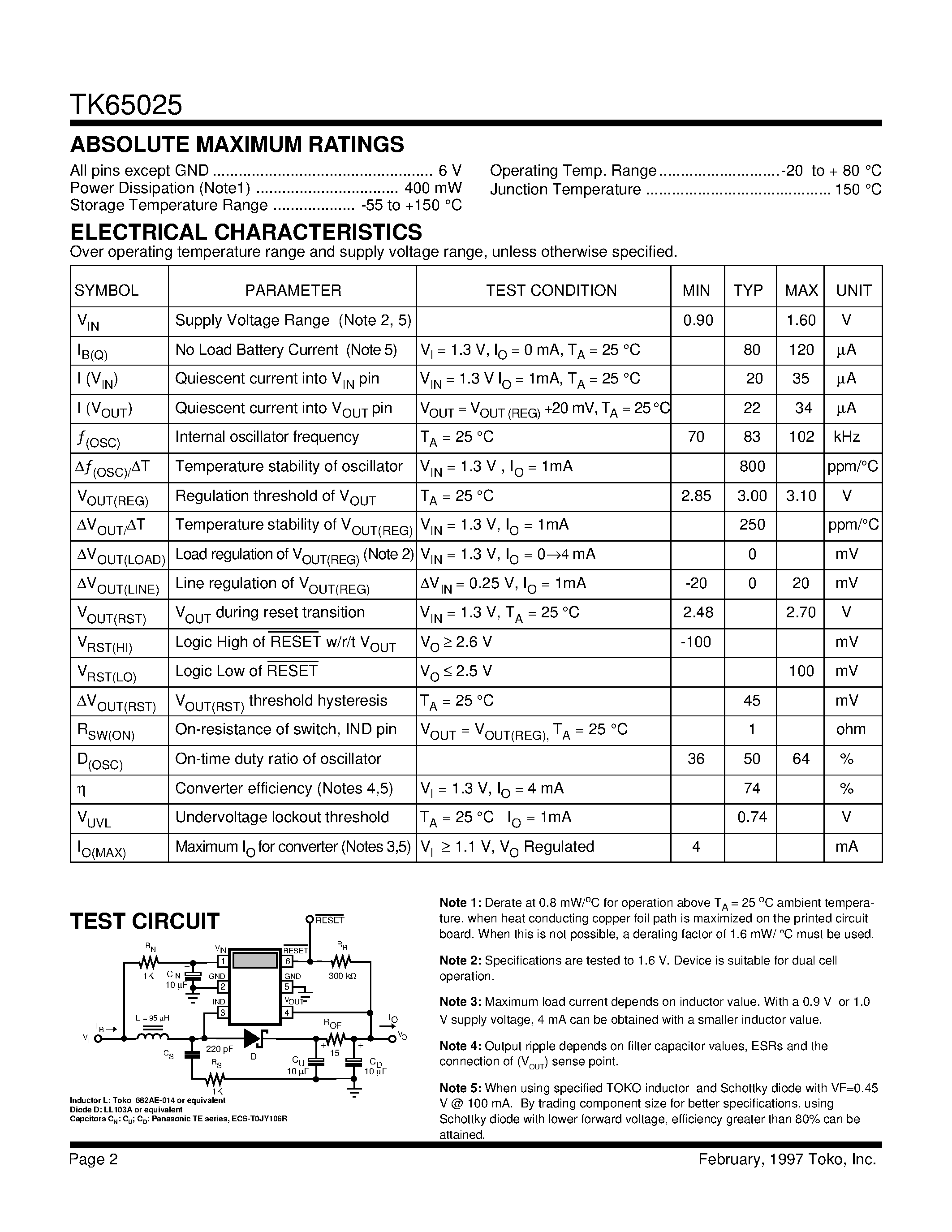 Datasheet TK65025 - STEP-UP VOLTAGE CONVERTER WITH VOLTAGE MONITOR page 2