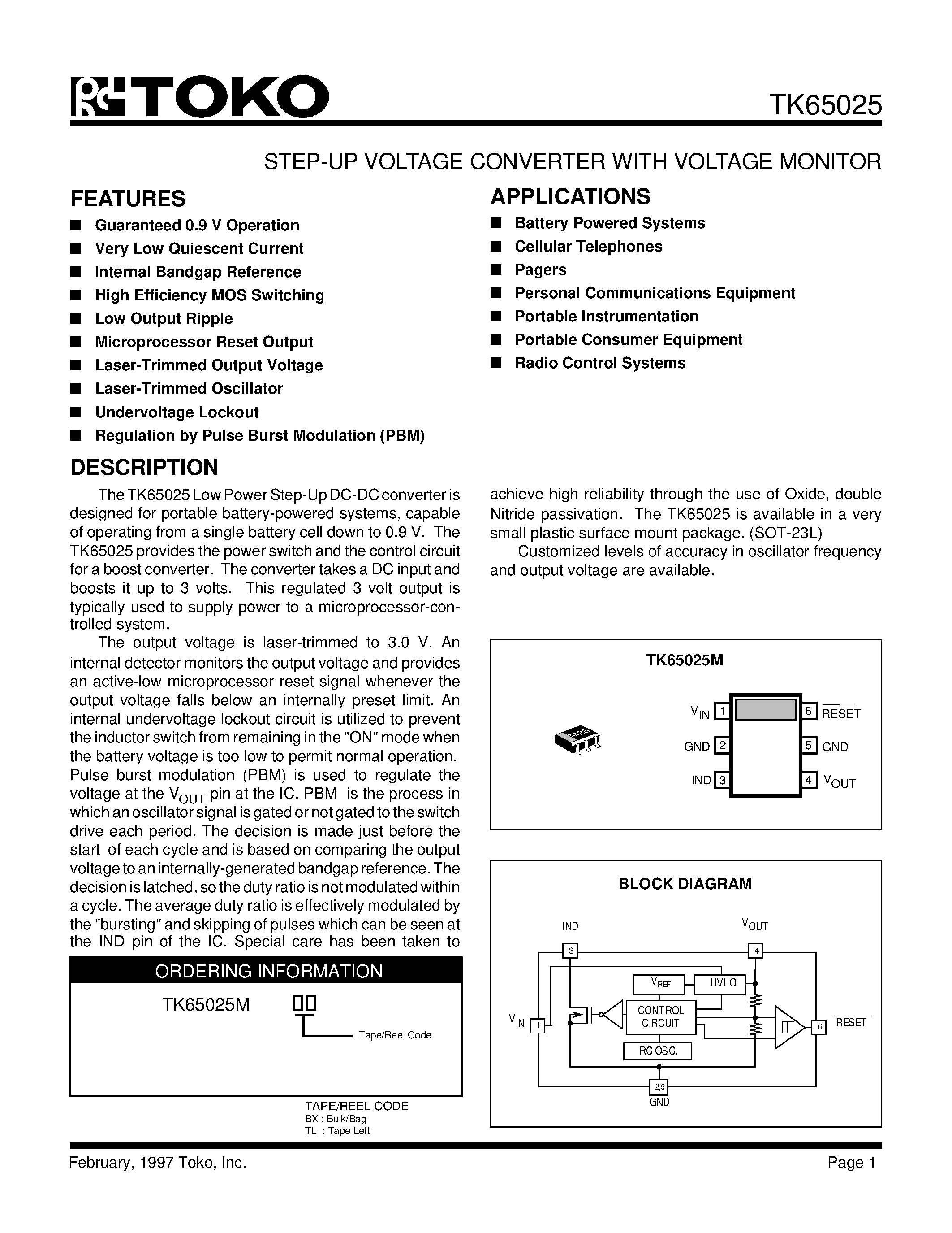 Datasheet TK65025MBX - STEP-UP VOLTAGE CONVERTER WITH VOLTAGE MONITOR page 1