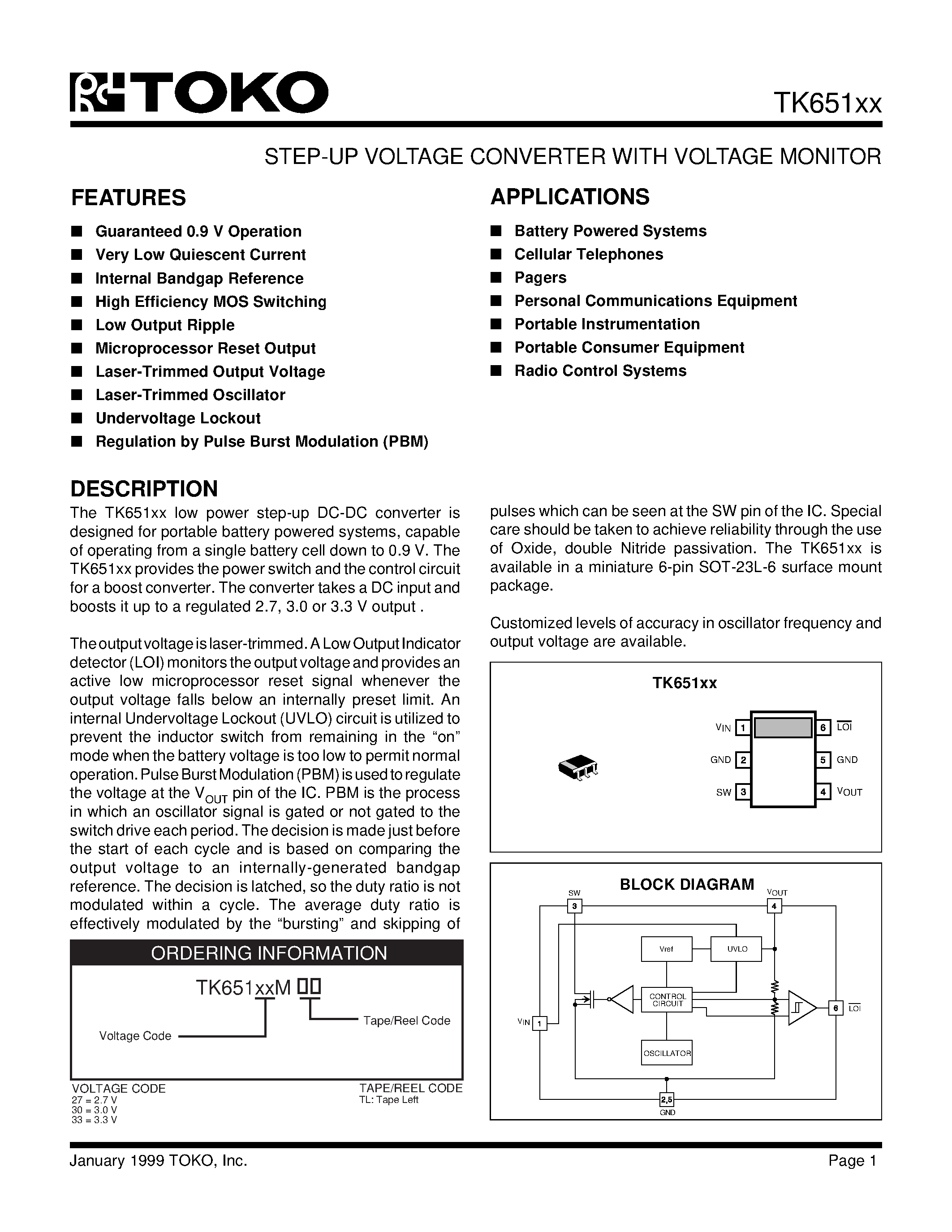 Datasheet TK65127MTL - STEP-UP VOLTAGE CONVERTER WITH VOLTAGE MONITOR page 1