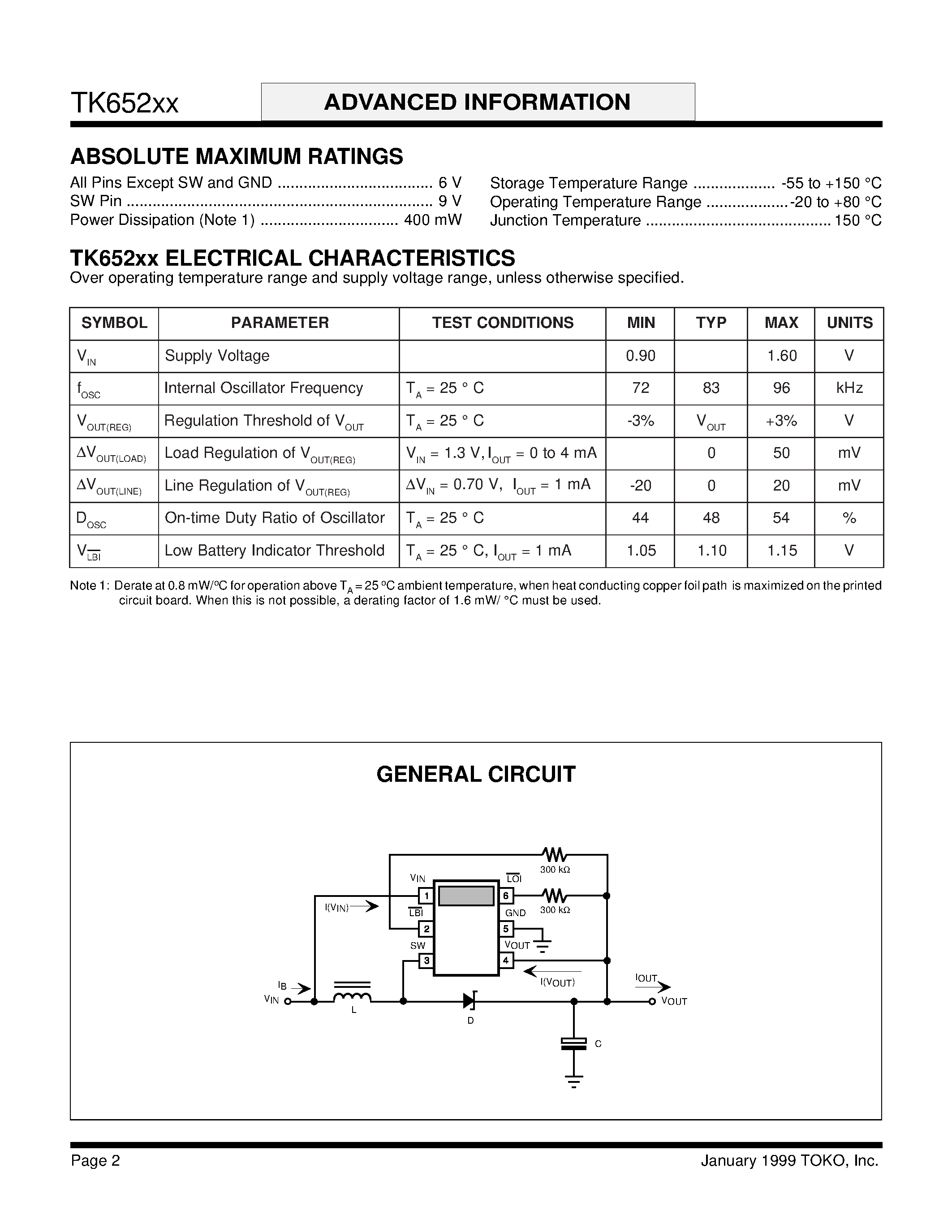 Datasheet TK65224MTL - STEP-UP VOLTAGE CONVERTER WITH VOLTAGE MONITOR page 2