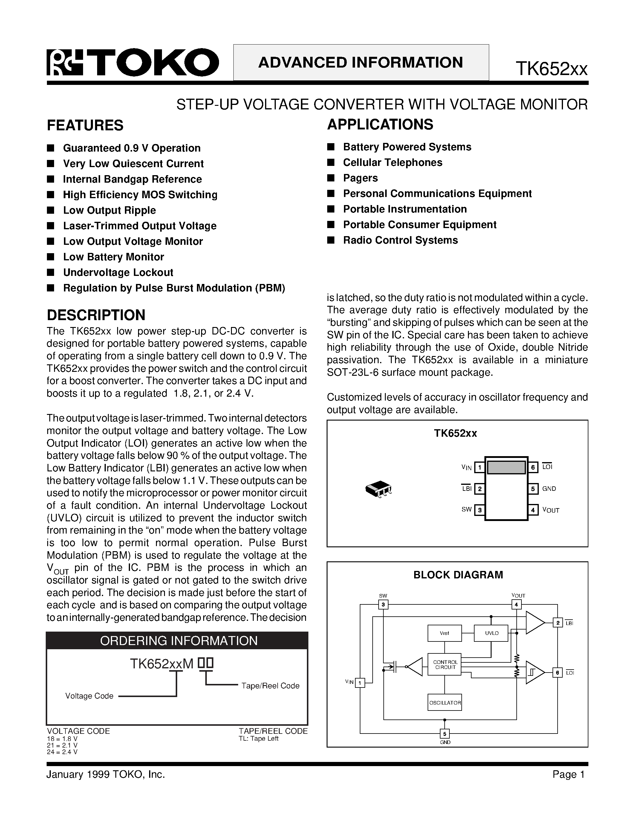 Datasheet TK652XX - STEP-UP VOLTAGE CONVERTER WITH VOLTAGE MONITOR page 1