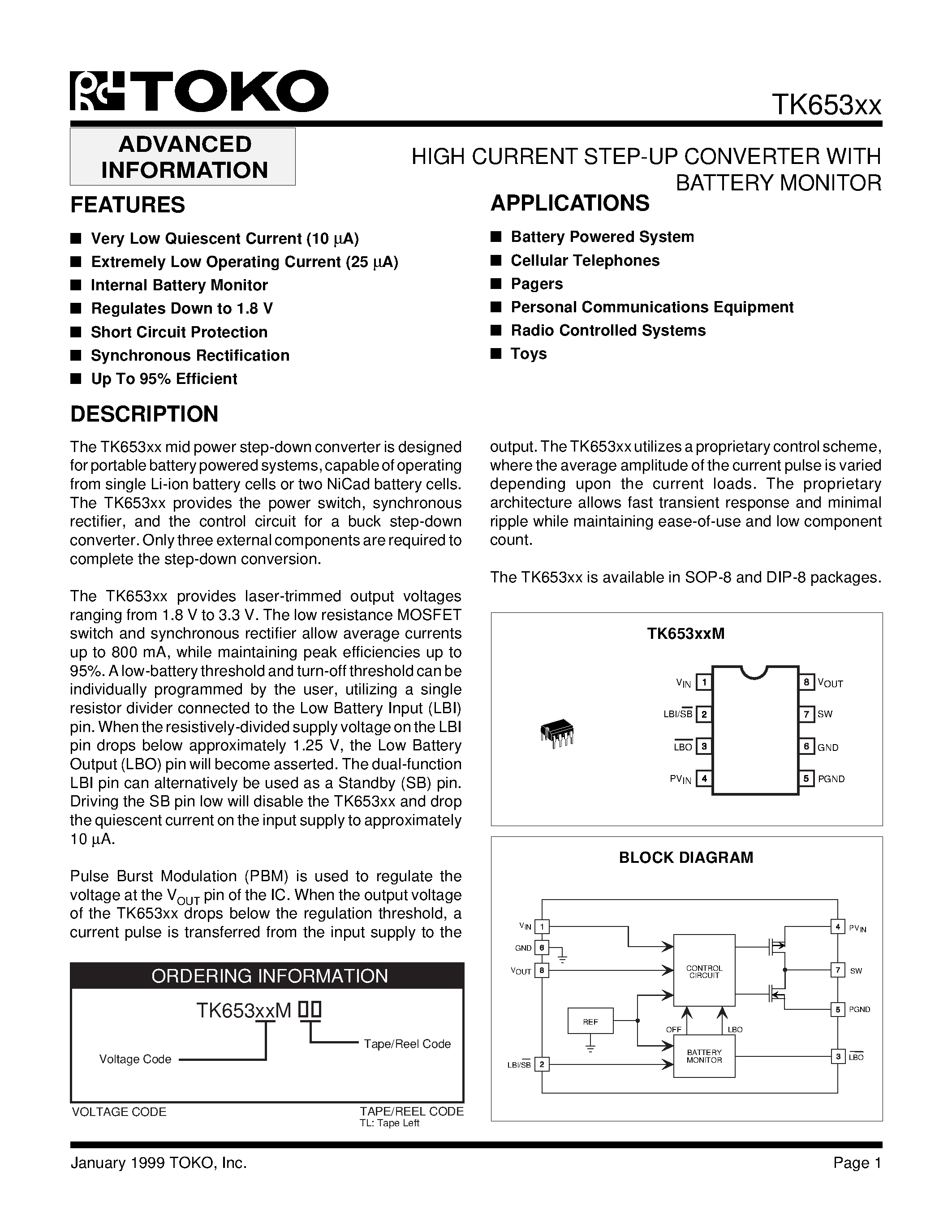 Datasheet TK653XX - HIGH CURRENT STEP-UP CONVERTER WITH BATTERY MONITOR page 1