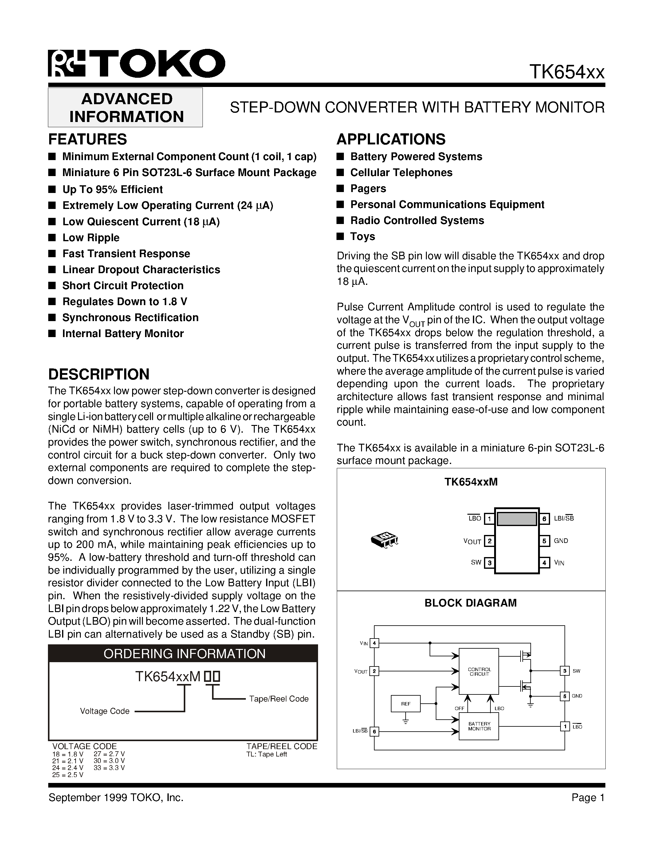 Datasheet TK65421MTL - STEP-DOWN CONVERTER WITH BATTERY MONITOR page 1