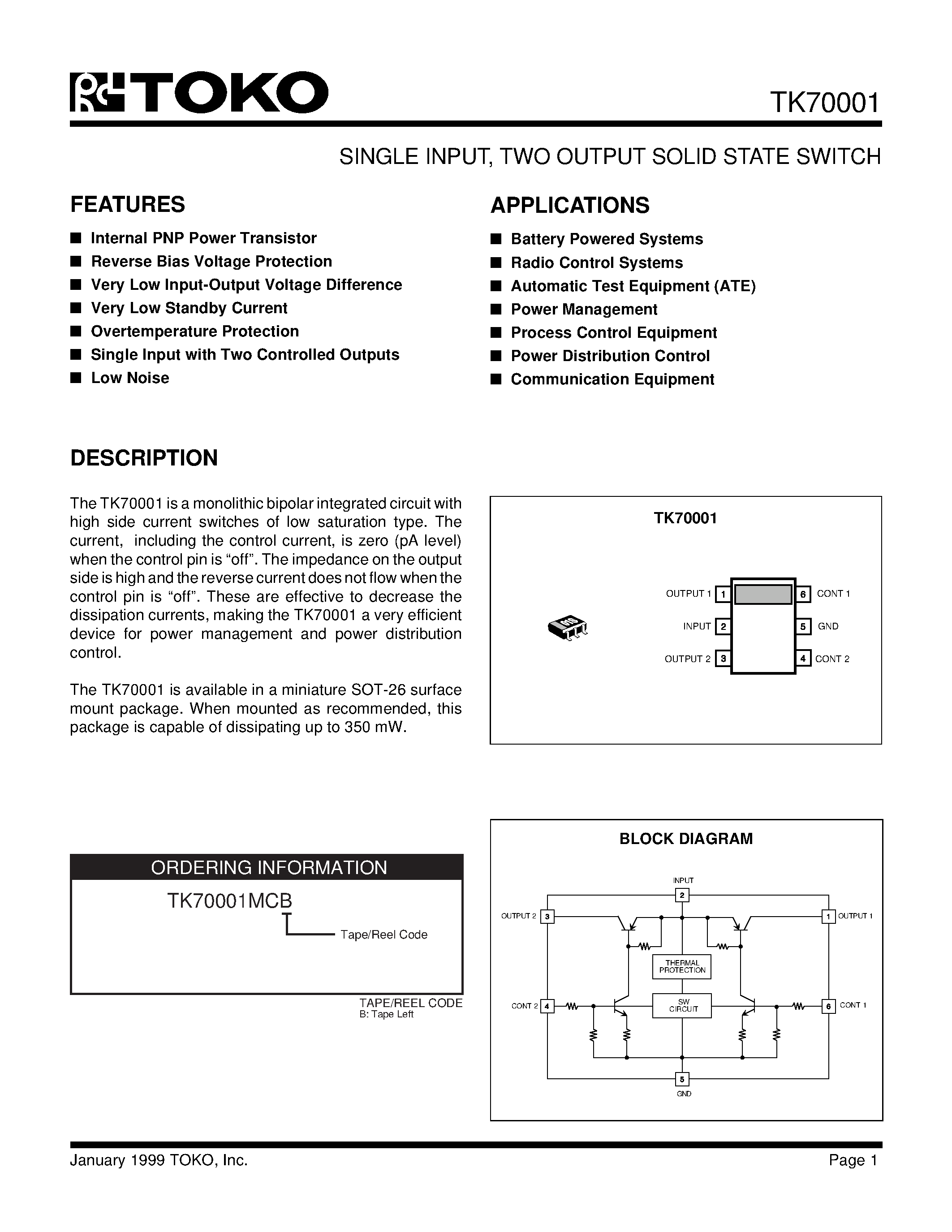 Datasheet TK70001MCB - SINGLE INPUT/ TWO OUTPUT SOLID STATE SWITCH page 1
