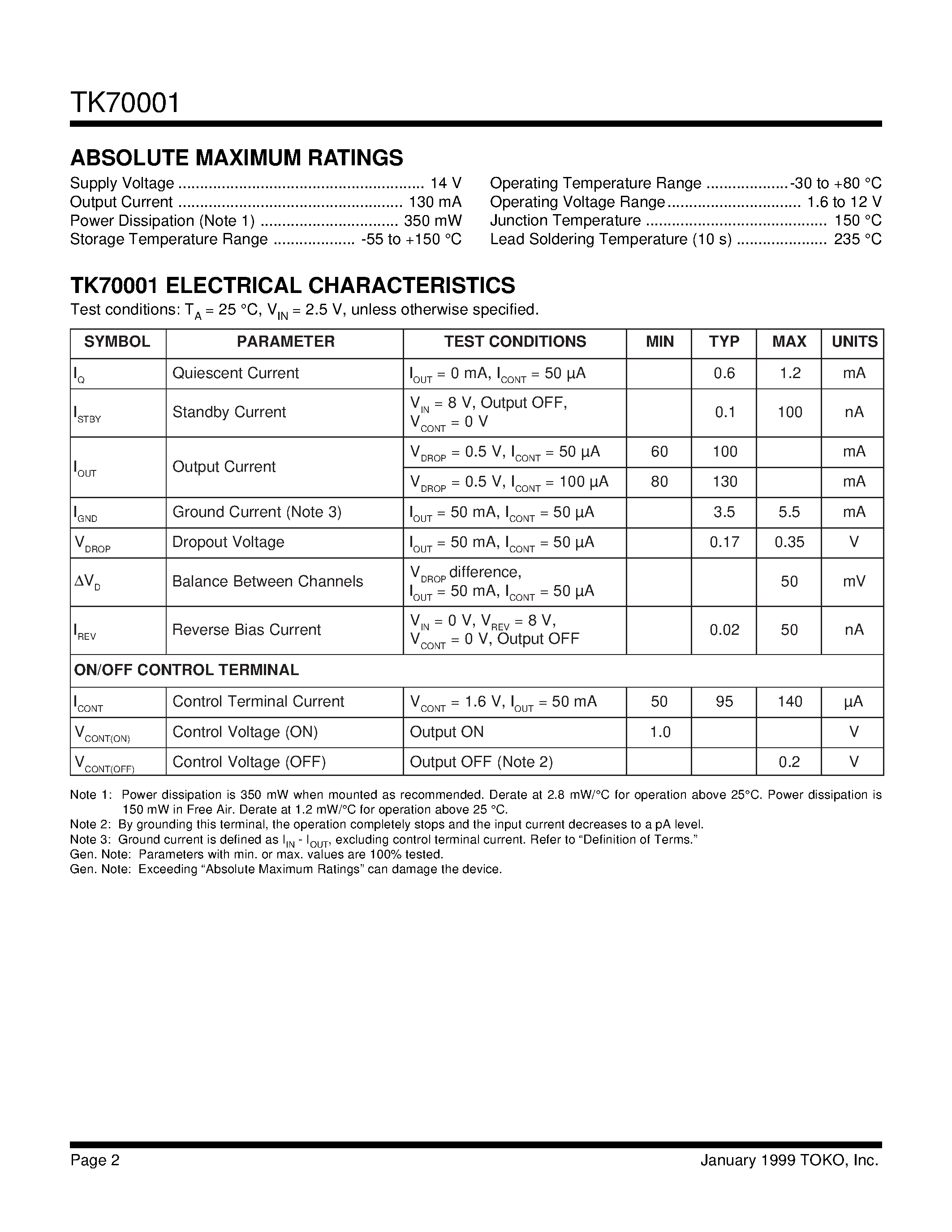 Datasheet TK70001MCB - SINGLE INPUT/ TWO OUTPUT SOLID STATE SWITCH page 2