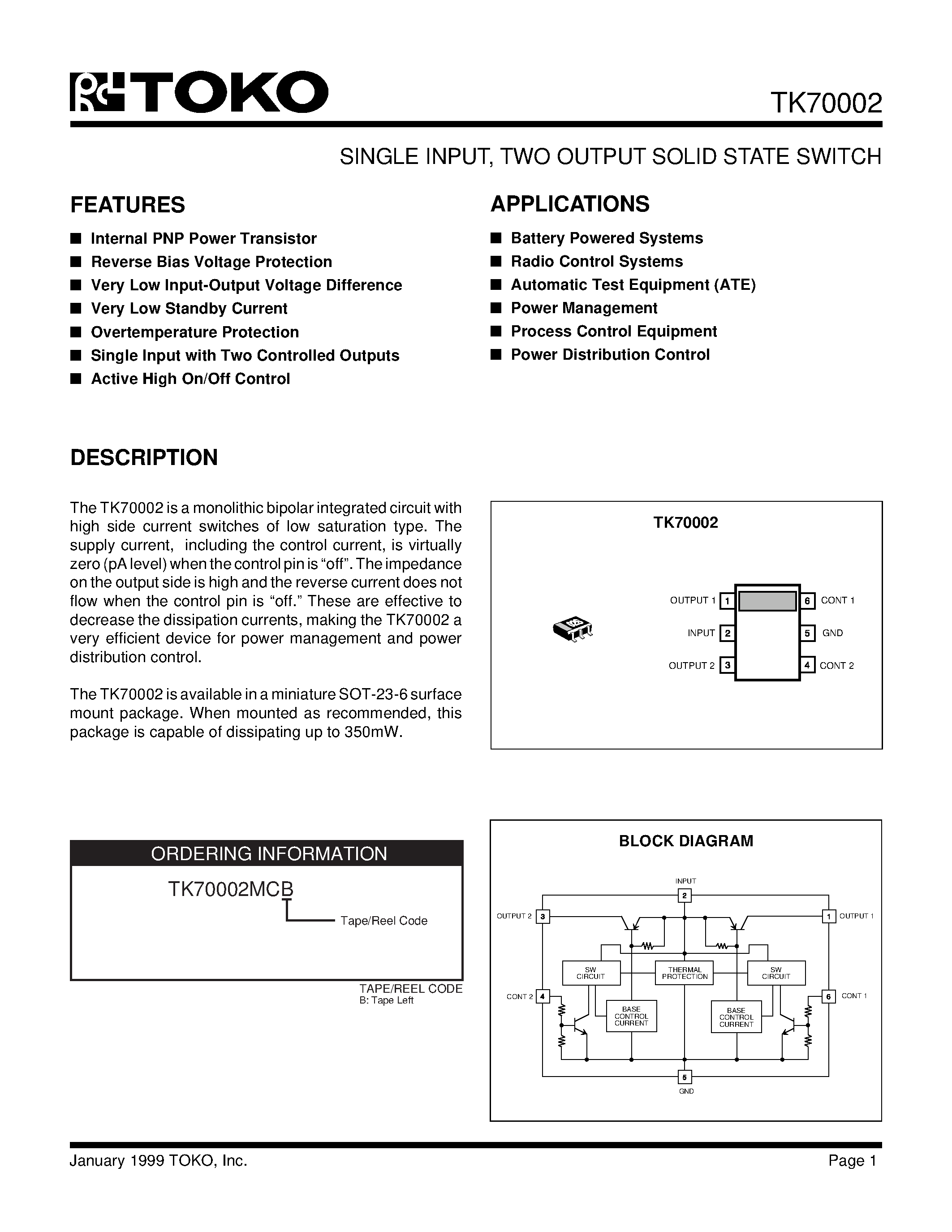 Datasheet TK70002MCB page 1 Datasheet TK70002MCB - SINGLE INPUT/ TWO OUTPUT SOLID STATE SWITCH page 1