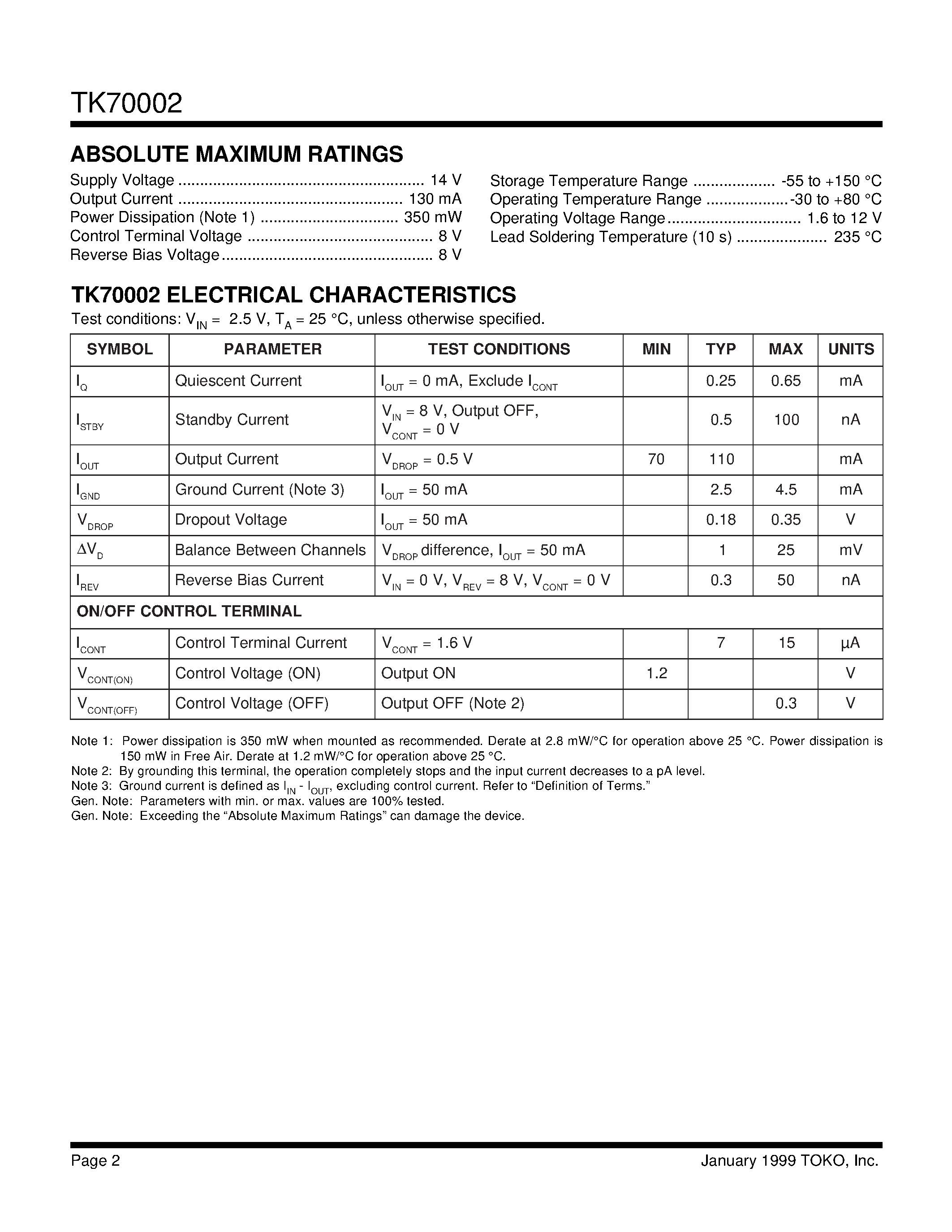 Datasheet TK70002MCB page 2 Datasheet TK70002MCB - SINGLE INPUT/ TWO OUTPUT SOLID STATE SWITCH page 2