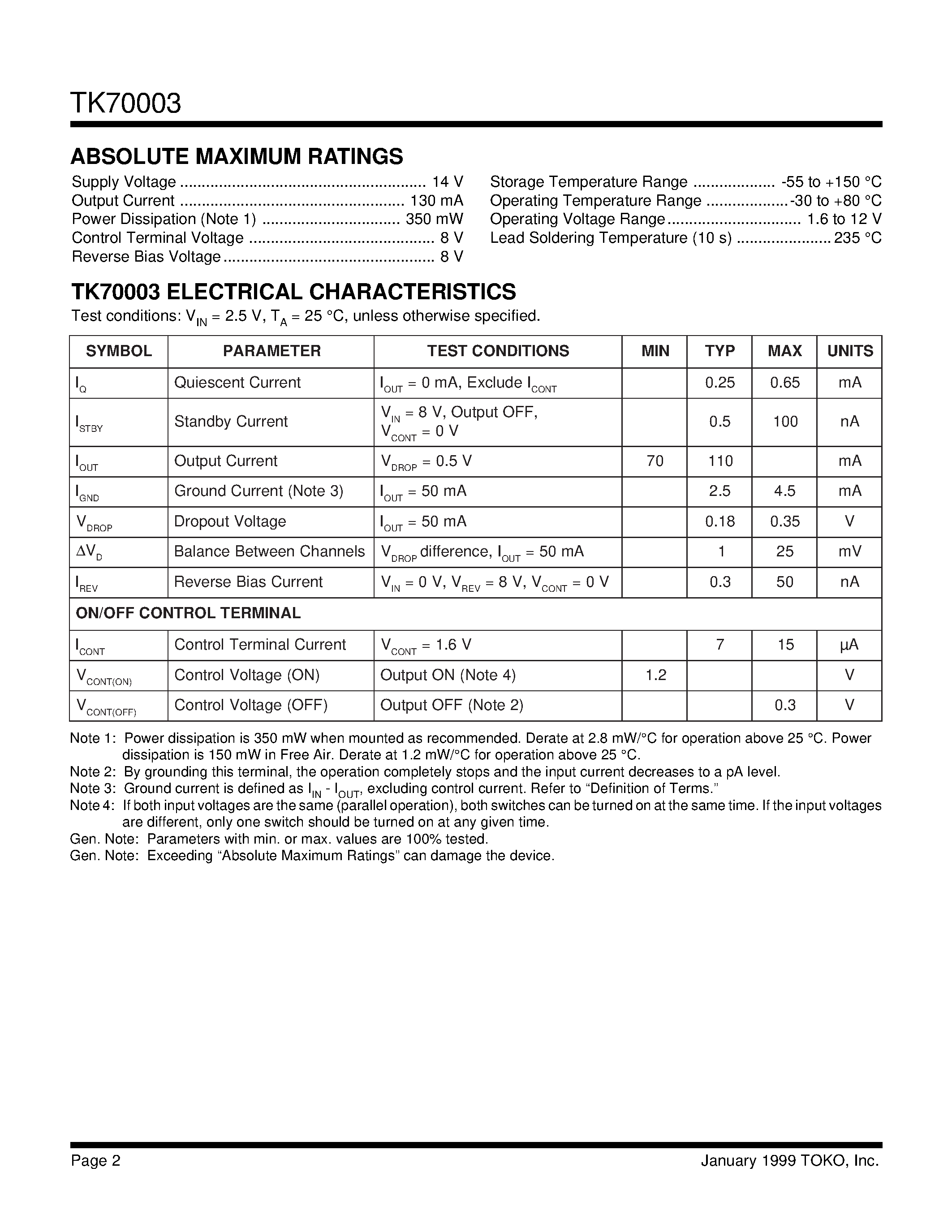 Datasheet TK70003 page 2 Datasheet TK70003 - SINGLE OUTPUT/ TWO INPUT SOLID STATE SWITCH page 2