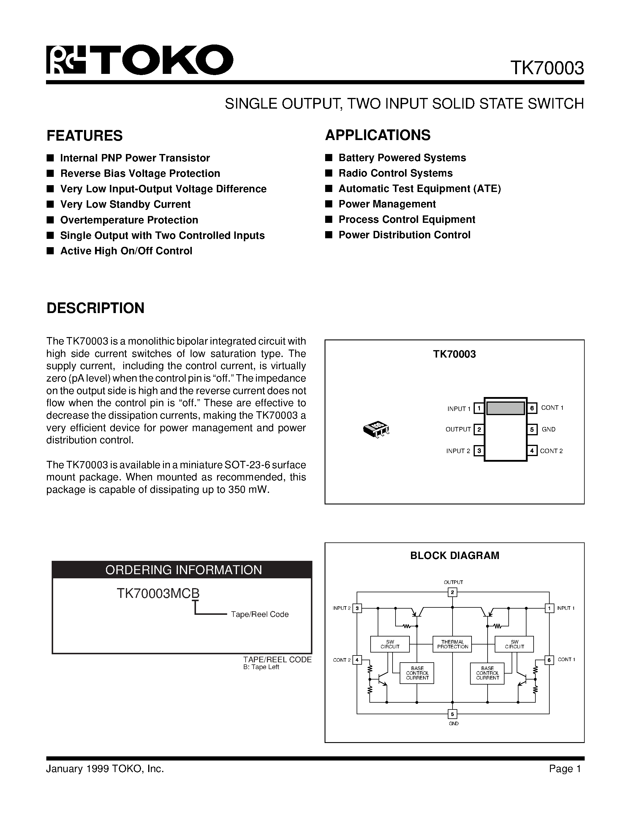 Datasheet TK70003MCB page 1 Datasheet TK70003MCB - SINGLE OUTPUT/ TWO INPUT SOLID STATE SWITCH page 1