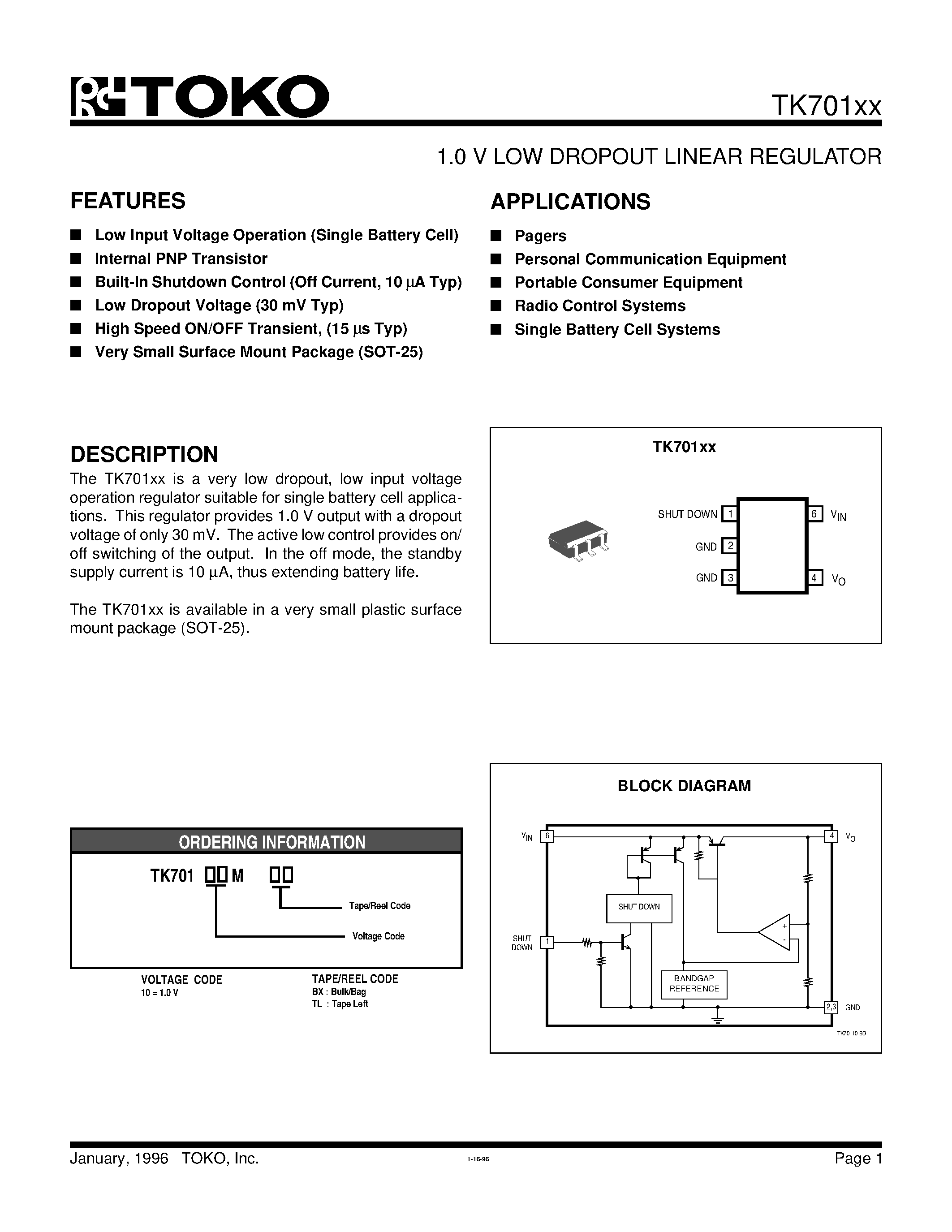 Даташит TK70110M - 1.0 V LOW DROPOUT LINEAR REGULATOR страница 1