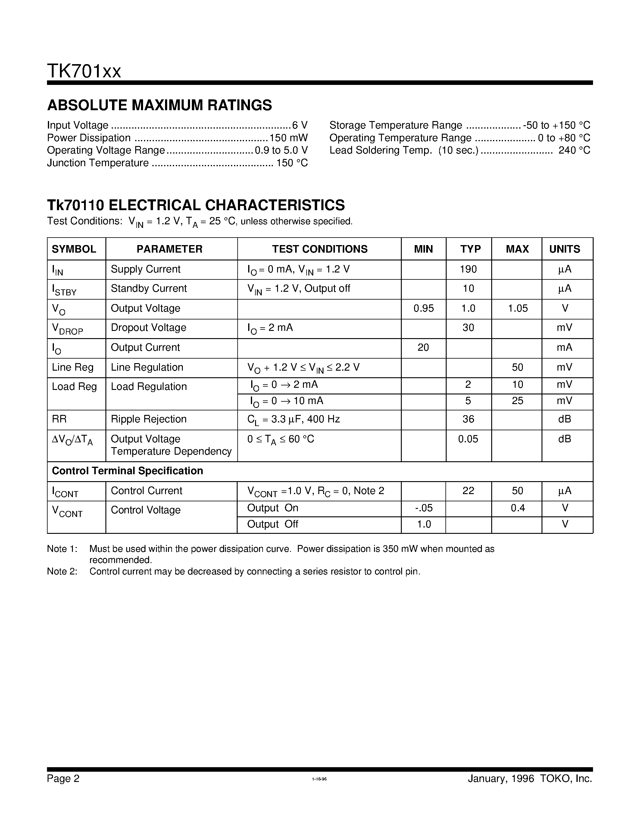 Даташит TK70110MBX - 1.0 V LOW DROPOUT LINEAR REGULATOR страница 2