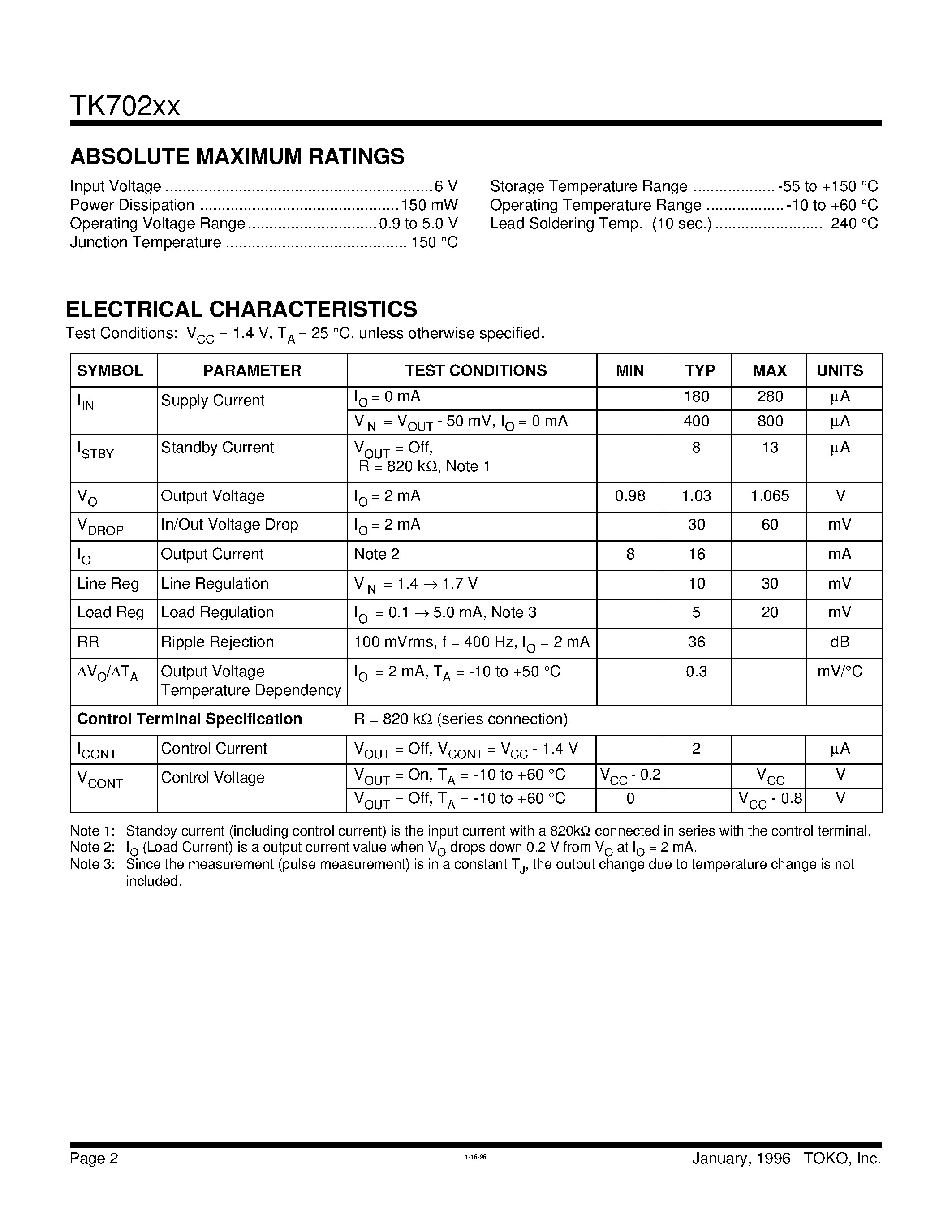 Даташит TK70203MBX - 1.03 V REGULATOR WITH ON/OFF SWITCH страница 2
