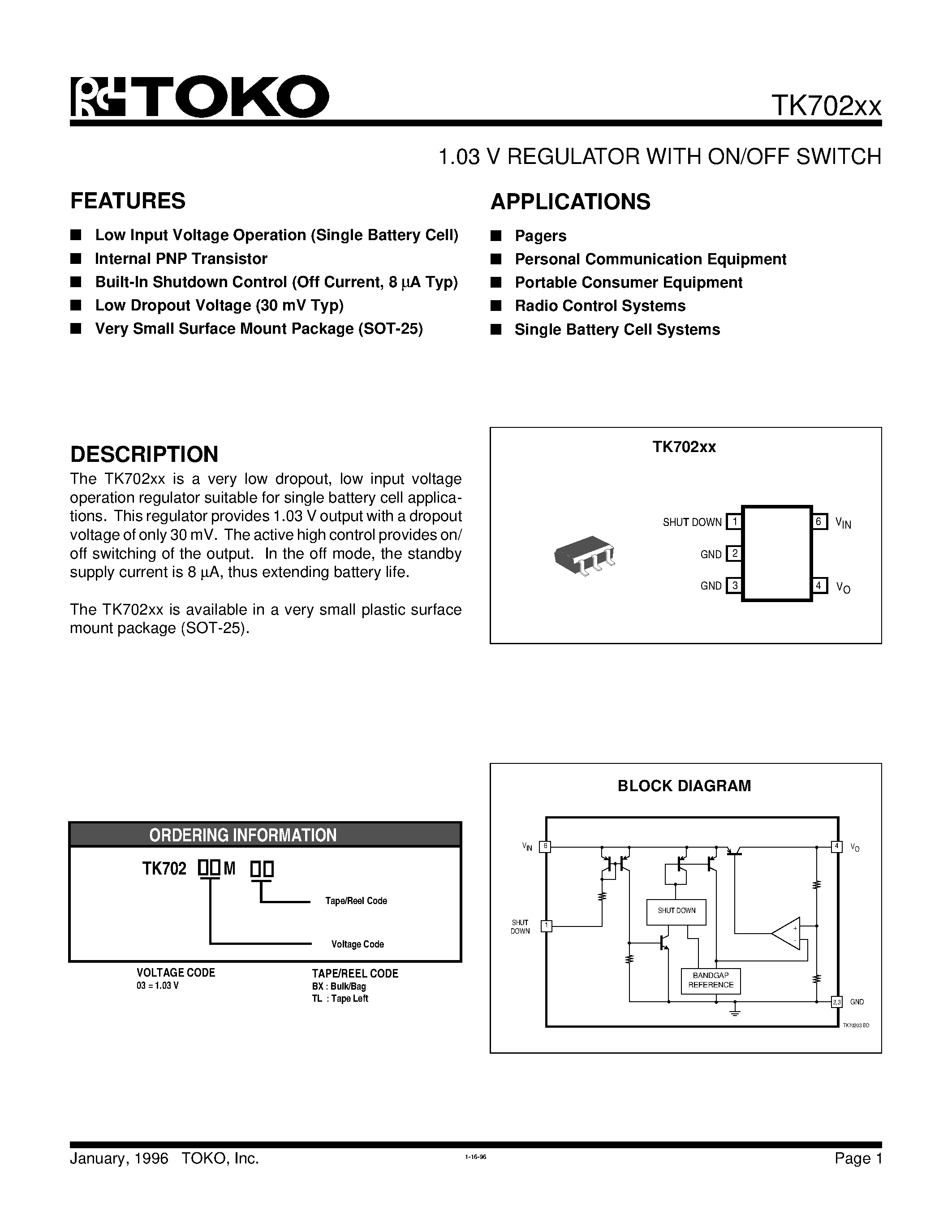 Даташит TK702XX - 1.03 V REGULATOR WITH ON/OFF SWITCH страница 1