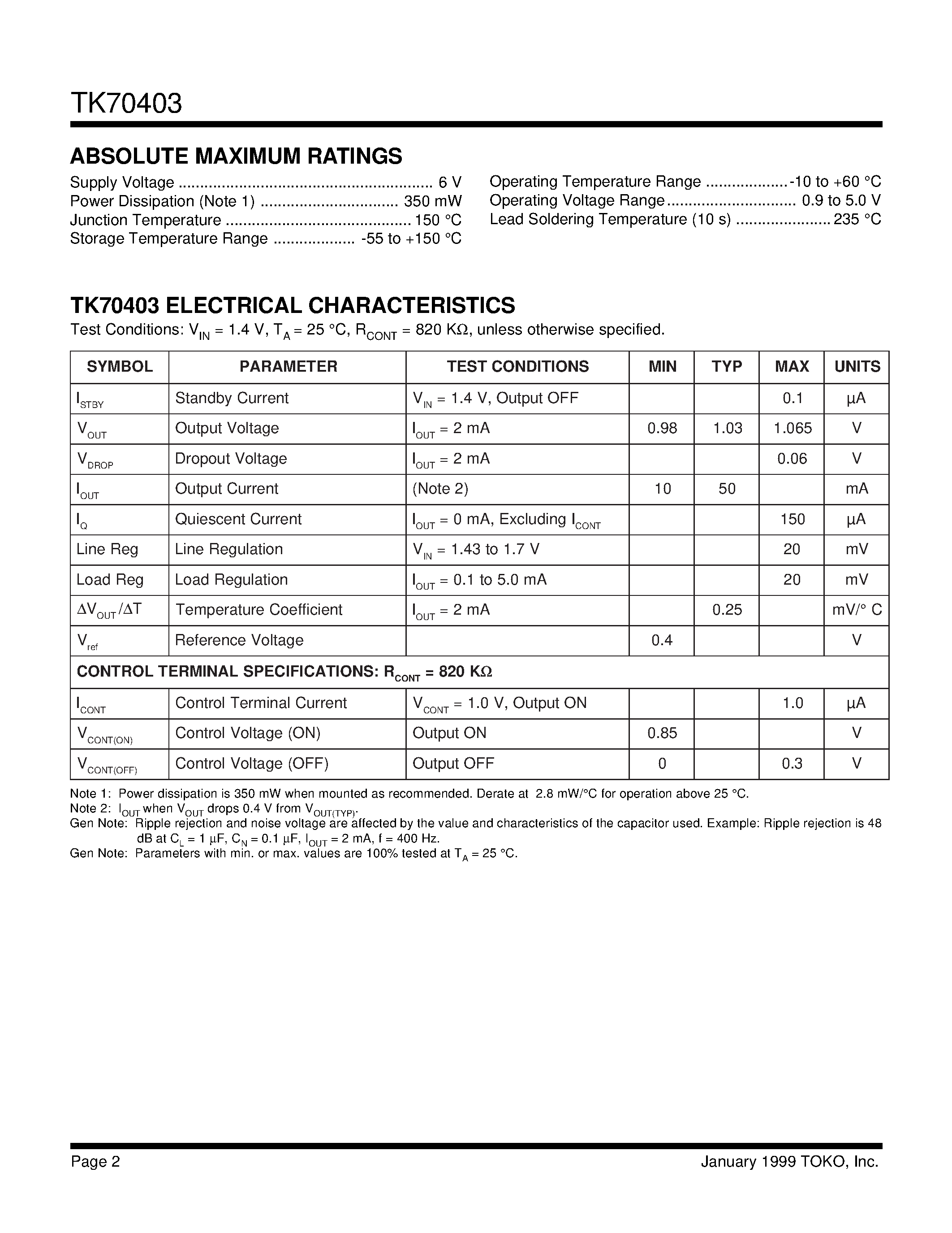 Даташит TK70403 - 1.03 V REGULATOR WITH ON/OFF SWITCH страница 2