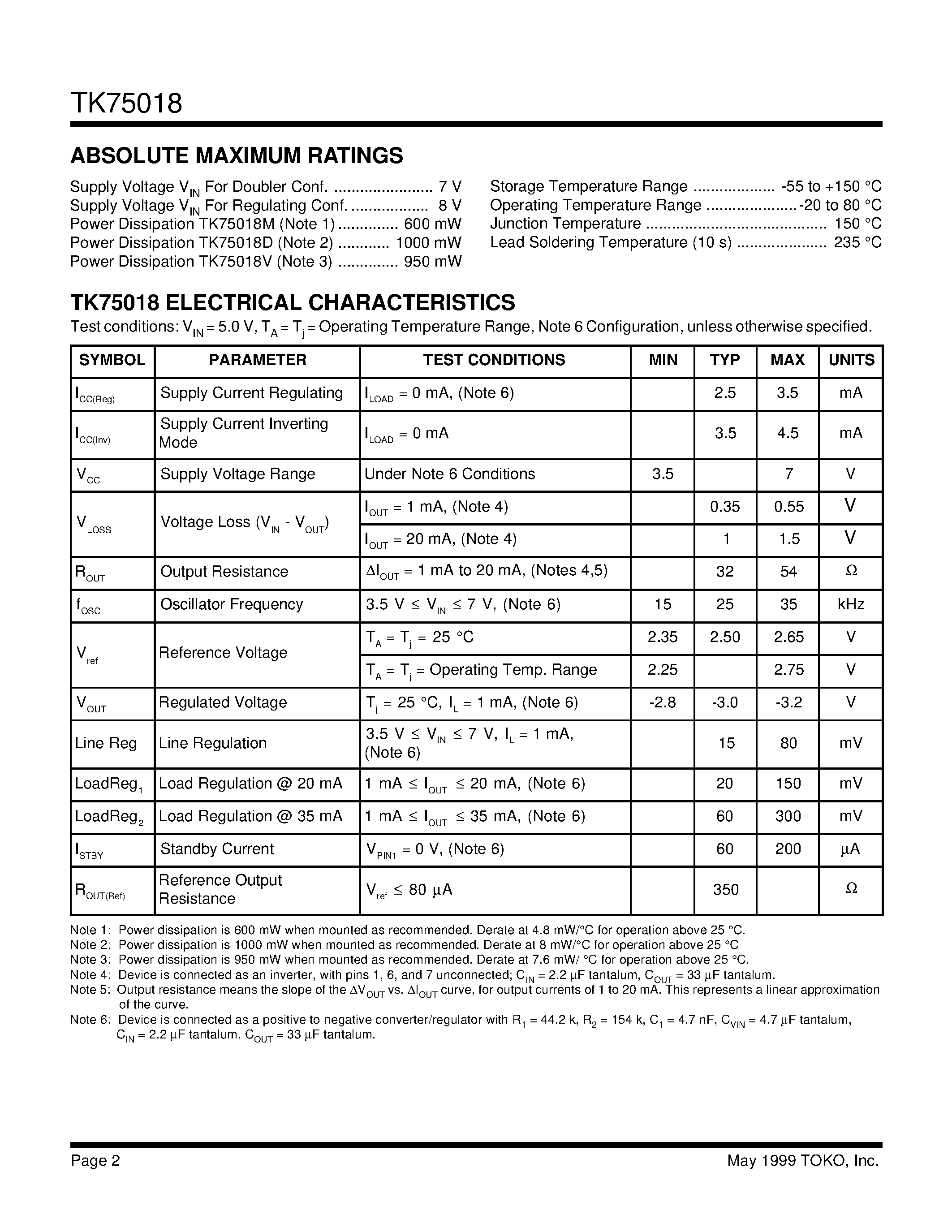 Datasheet TK75018 page 2 Datasheet TK75018 - SWITCHED CAPACITOR VOLTAGE CONVERTER WITH REGULATOR page 2