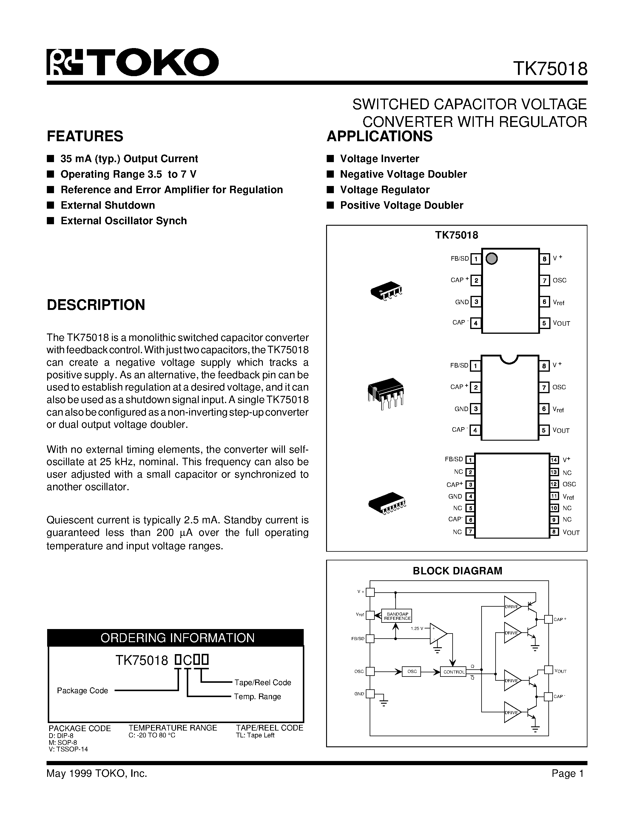 Datasheet TK75018DCTL - SWITCHED CAPACITOR VOLTAGE CONVERTER WITH REGULATOR page 1