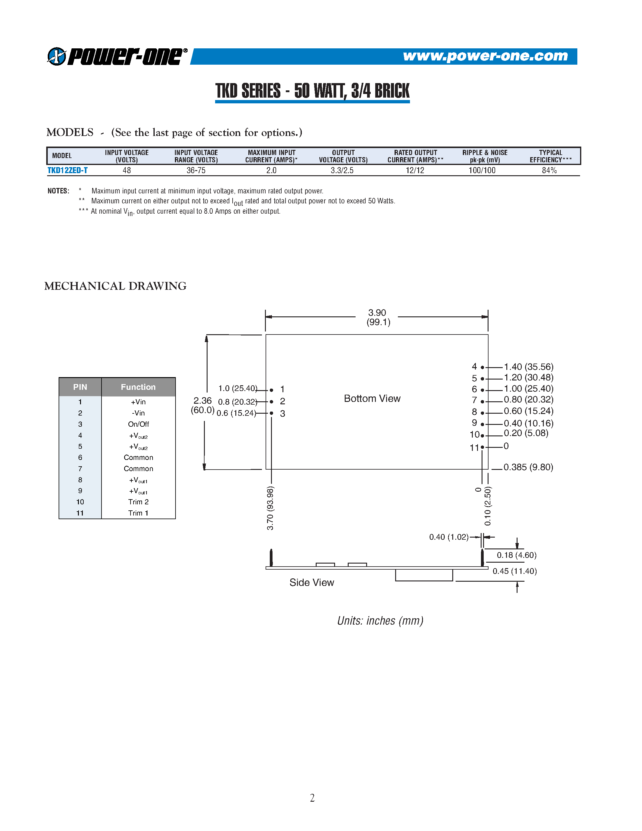 Datasheet TKD12ZED-T page 2 Datasheet TKD12ZED-T - 50 WATT/ 3/4 BRICK page 2