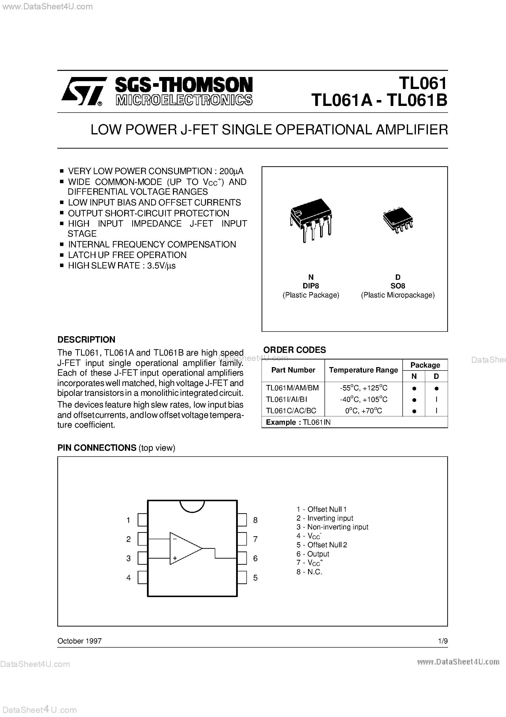 Datasheet TL061 - LOW POWER J-FET SINGLE OPERATIONAL AMPLIFIER page 1