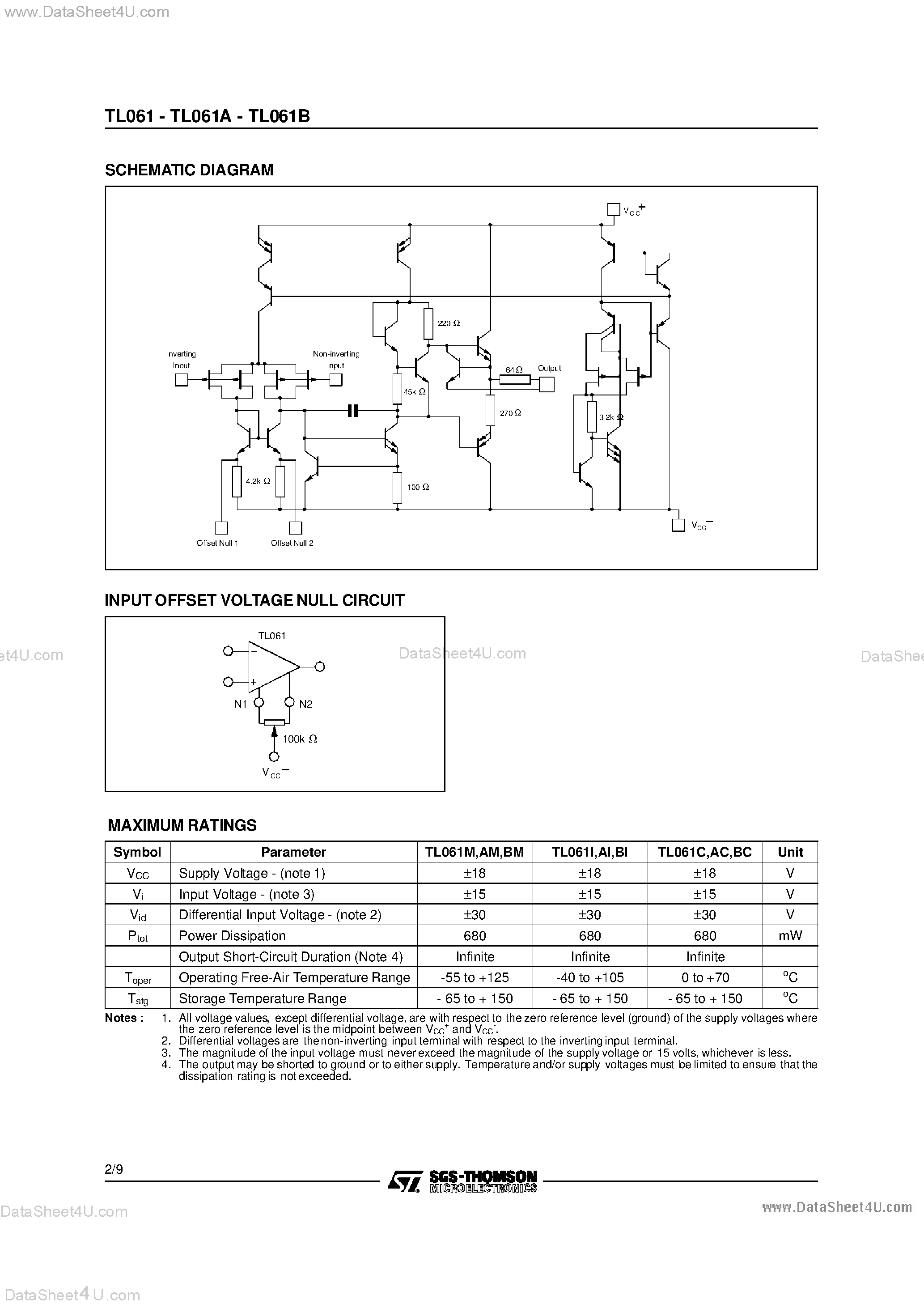 Datasheet TL061 - LOW POWER J-FET SINGLE OPERATIONAL AMPLIFIER page 2