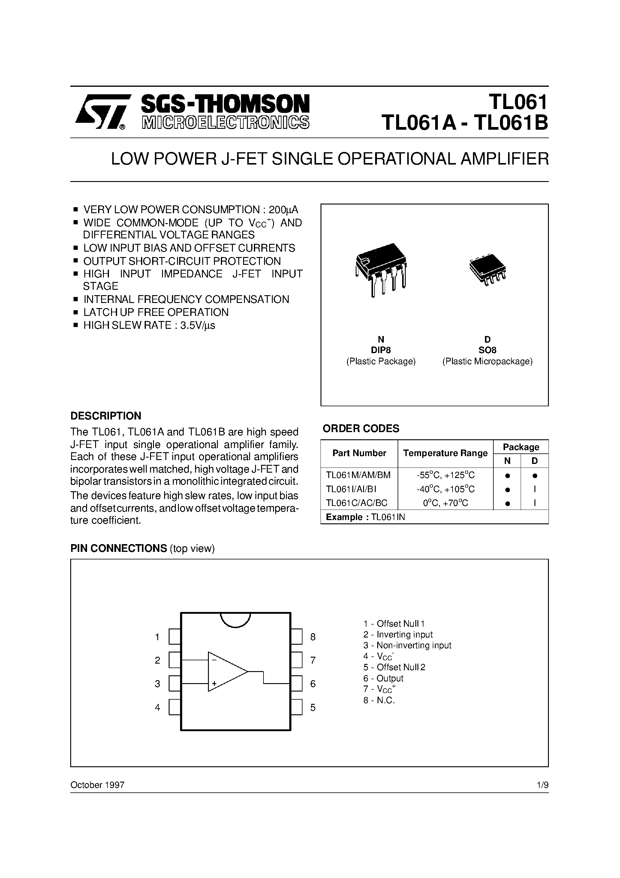 Datasheet TL061M page 1 Datasheet TL061M - LOW POWER J-FET SINGLE OPERATIONAL AMPLIFIER page 1