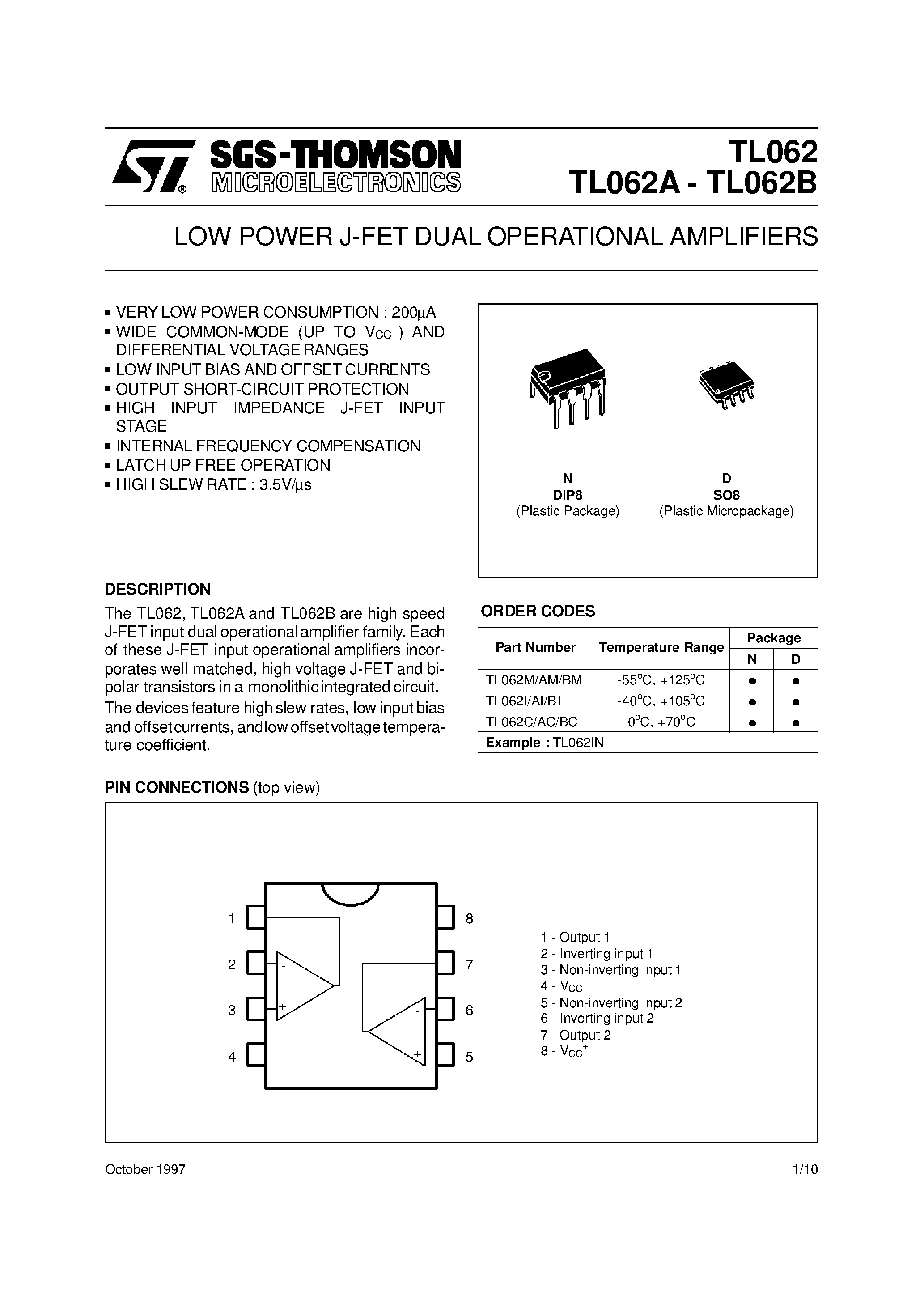 Datasheet TL062ACN page 1 Datasheet TL062ACN - LOW POWER J-FET DUAL OPERATIONAL AMPLIFIERS page 1