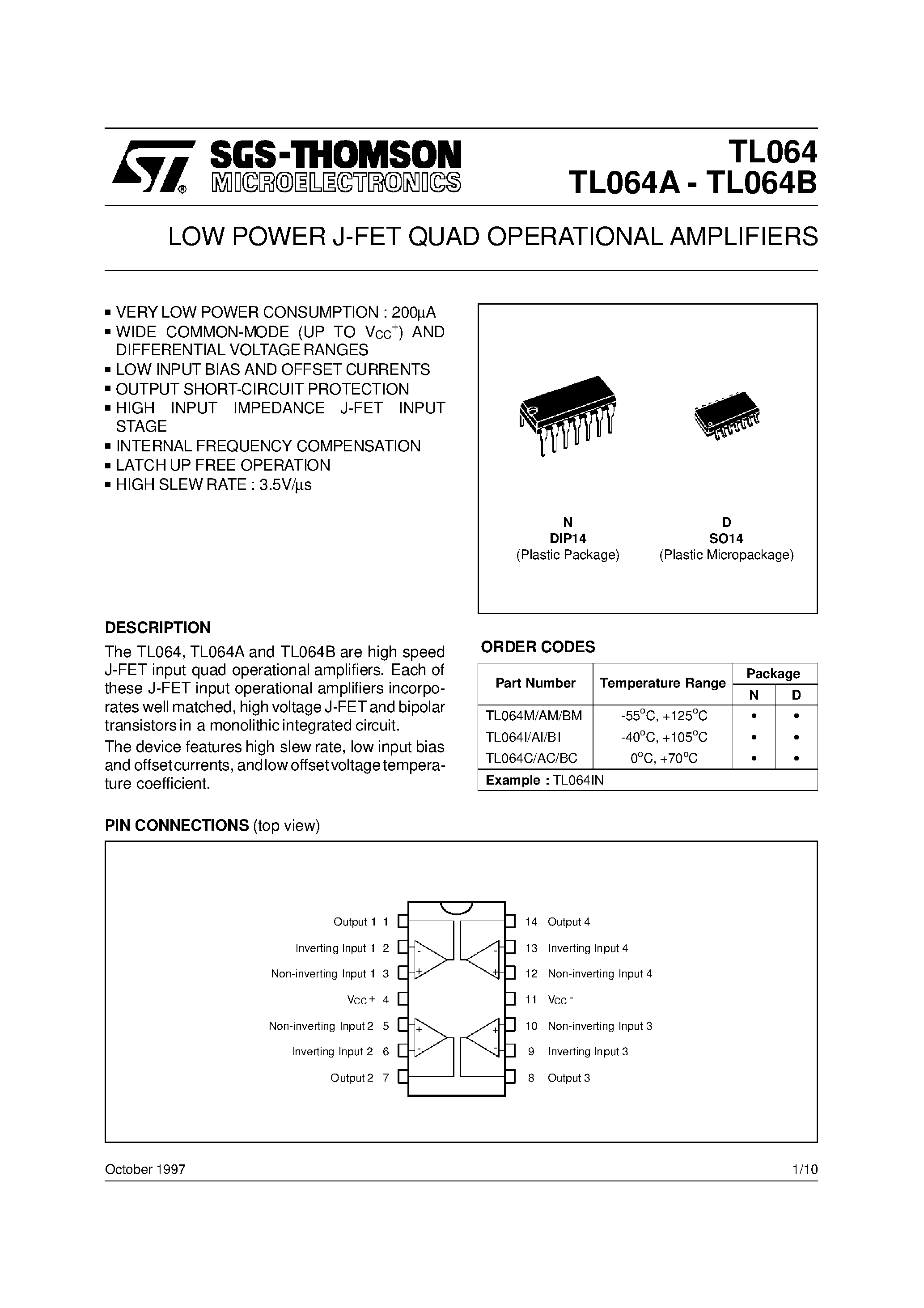 Datasheet TL064BI page 1 Datasheet TL064BI - LOW POWER J-FET QUAD OPERATIONAL AMPLIFIERS page 1