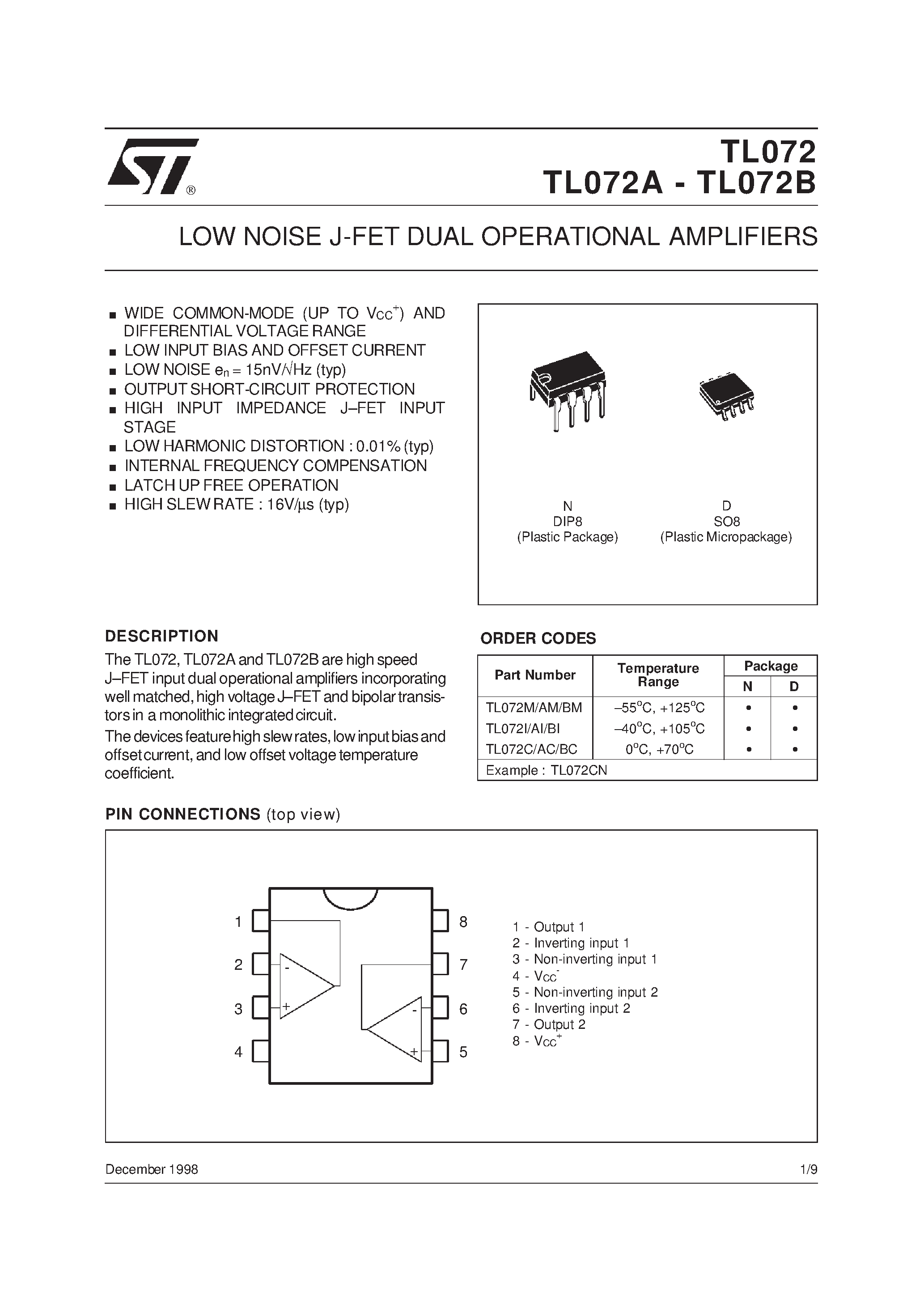 Datasheet TL072BCN page 1 Datasheet TL072BCN - LOW NOISE J-FET DUAL OPERATIONAL AMPLIFIERS page 1
