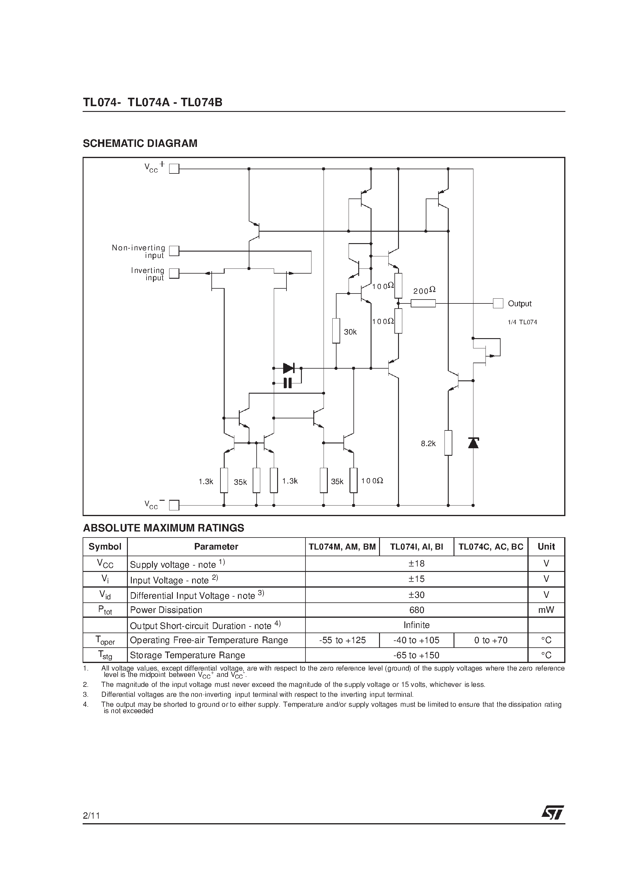 Datasheet TL074CN page 2 Datasheet TL074CN - LOW NOISE J-FET QUAD OPERATIONAL AMPLIFIERS page 2