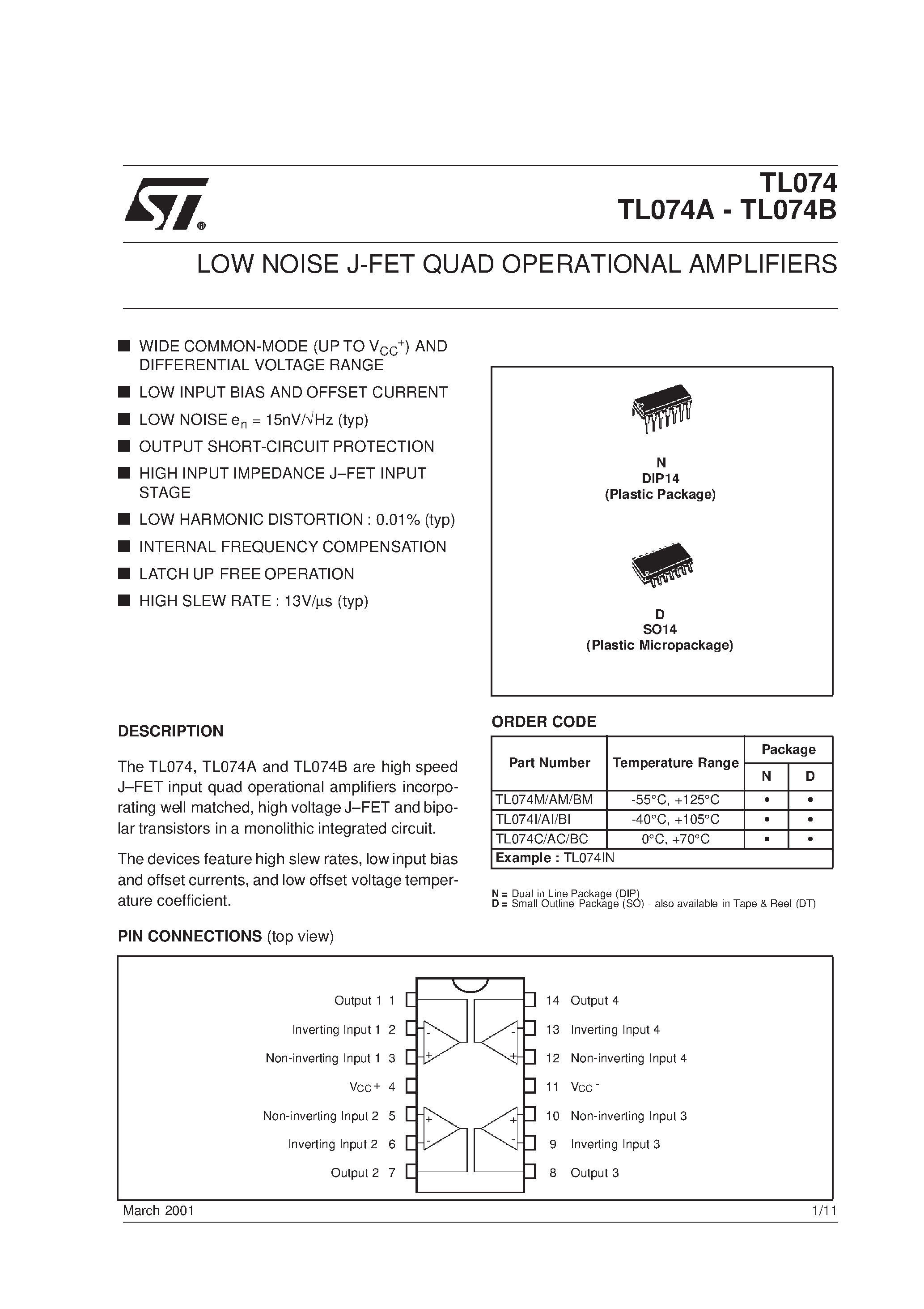 Даташит TL074IN - LOW NOISE J-FET QUAD OPERATIONAL AMPLIFIERS страница 1