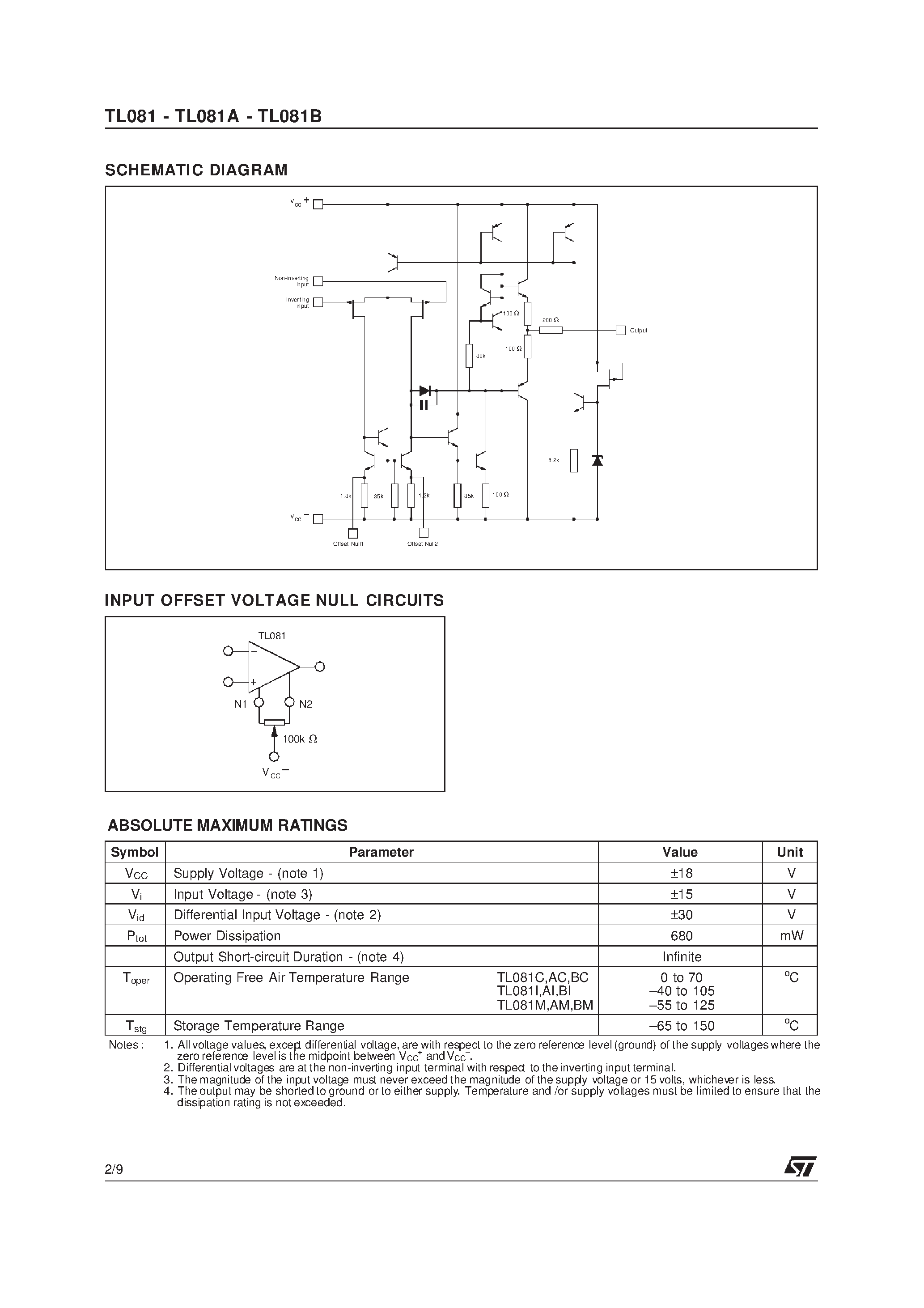 Datasheet TL081BM page 2 Datasheet TL081BM - GENERAL PURPOSE J-FET SINGLE OPERATIONAL AMPLIFIER page 2