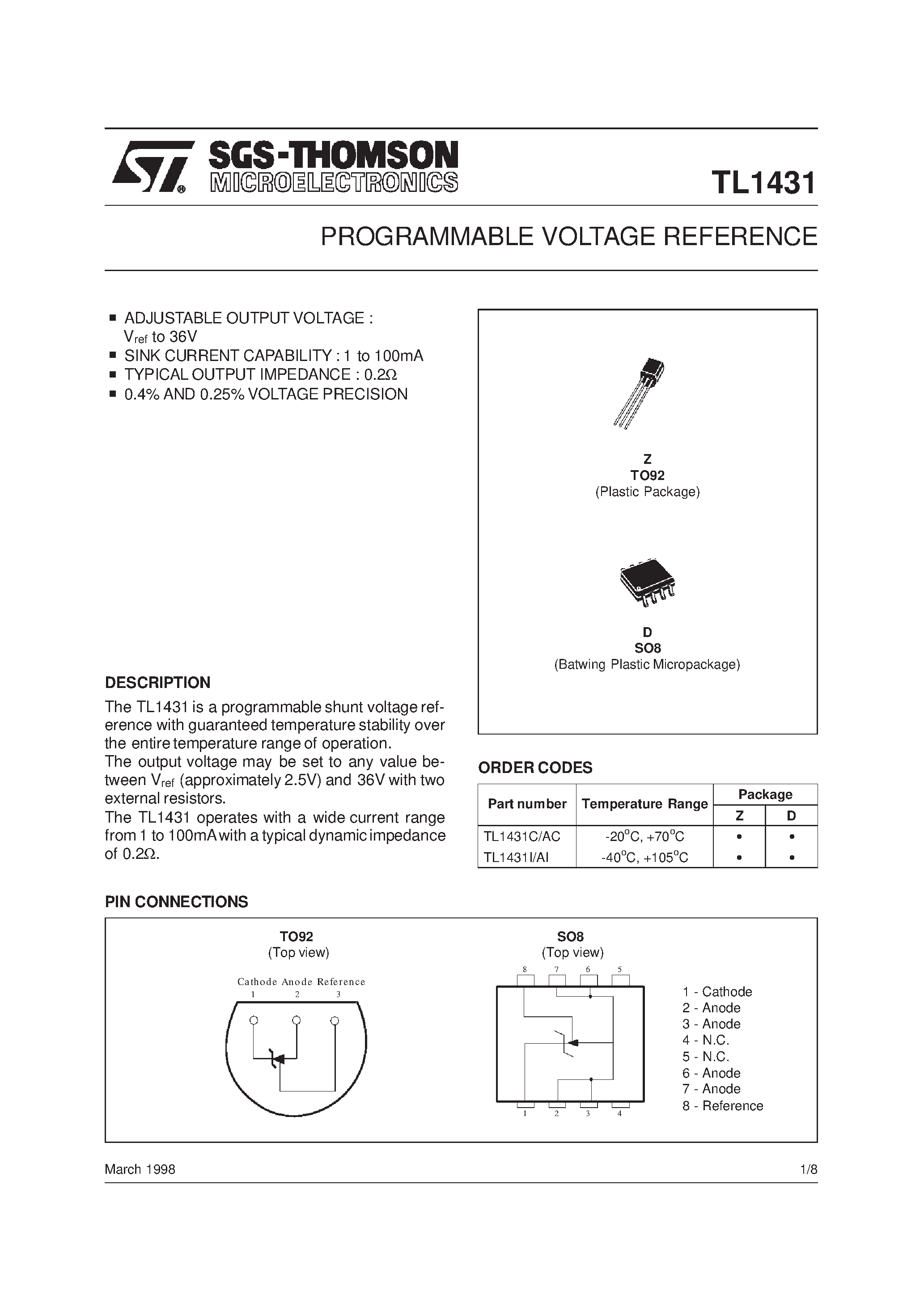 Datasheet TL1431IZ page 1 Datasheet TL1431IZ - PROGRAMMABLE VOLTAGE REFERENCE page 1