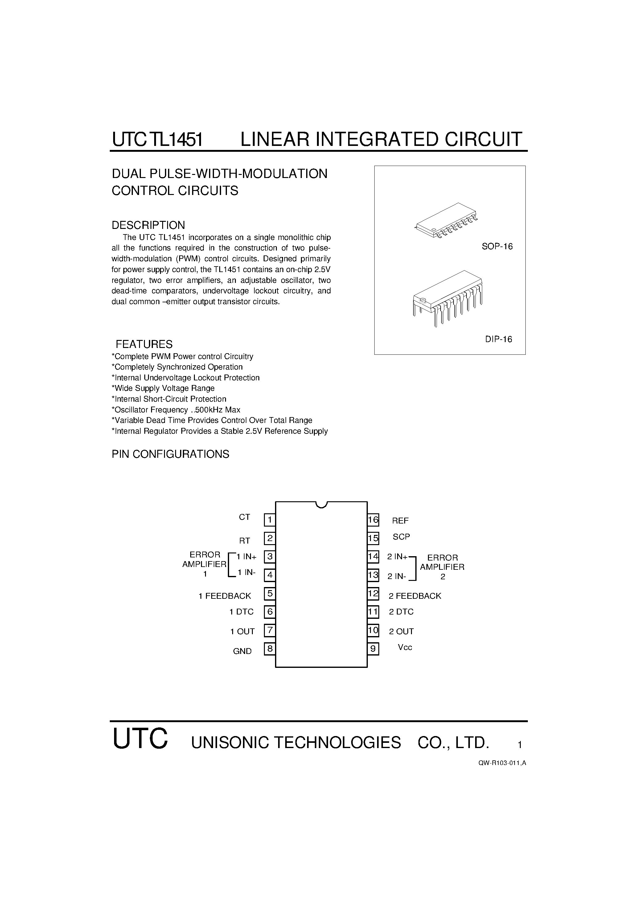 Datasheet TL1451 page 1 Datasheet TL1451 - DUAL PULSE-WIDTH-MODULATION CONTROL CIRCUITS page 1