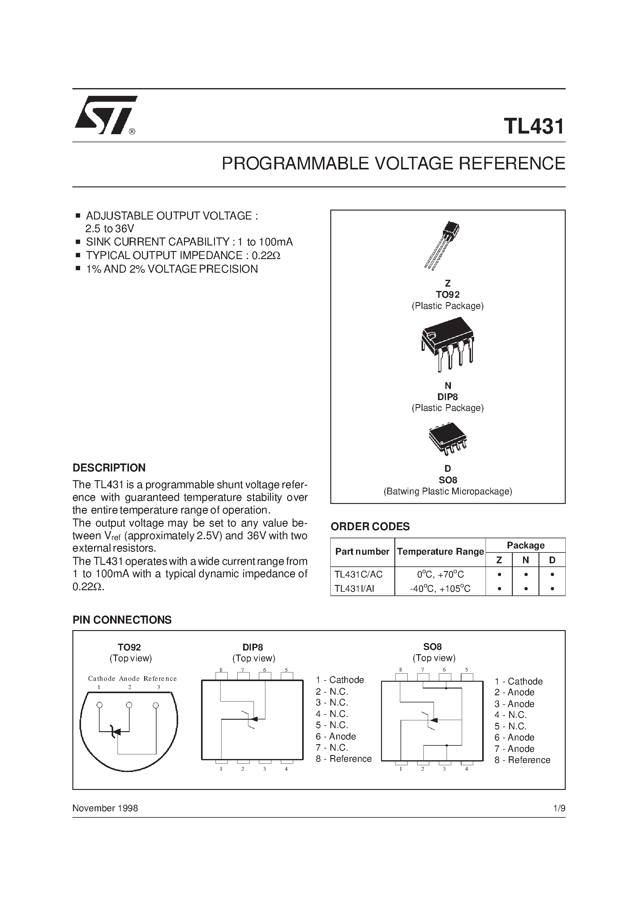 Даташит TL431 - PROGRAMMABLE VOLTAGE REFERENCE страница 1