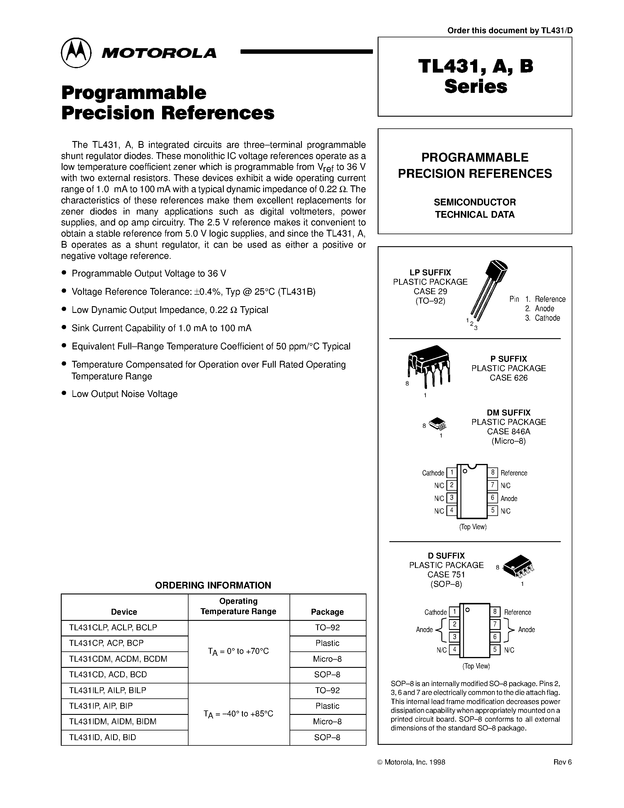 Даташит TL431ACLP - PROGRAMMABLE PRECISION REFERENCES страница 1