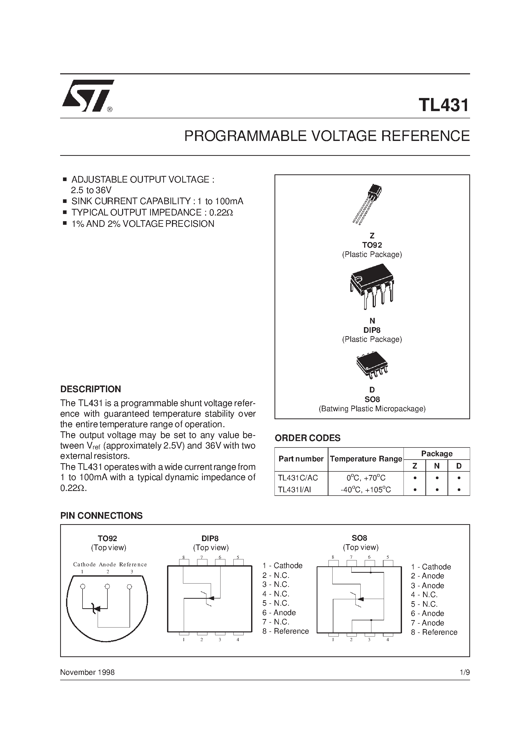 Datasheet TL431CZ - PROGRAMMABLE VOLTAGE REFERENCE page 1