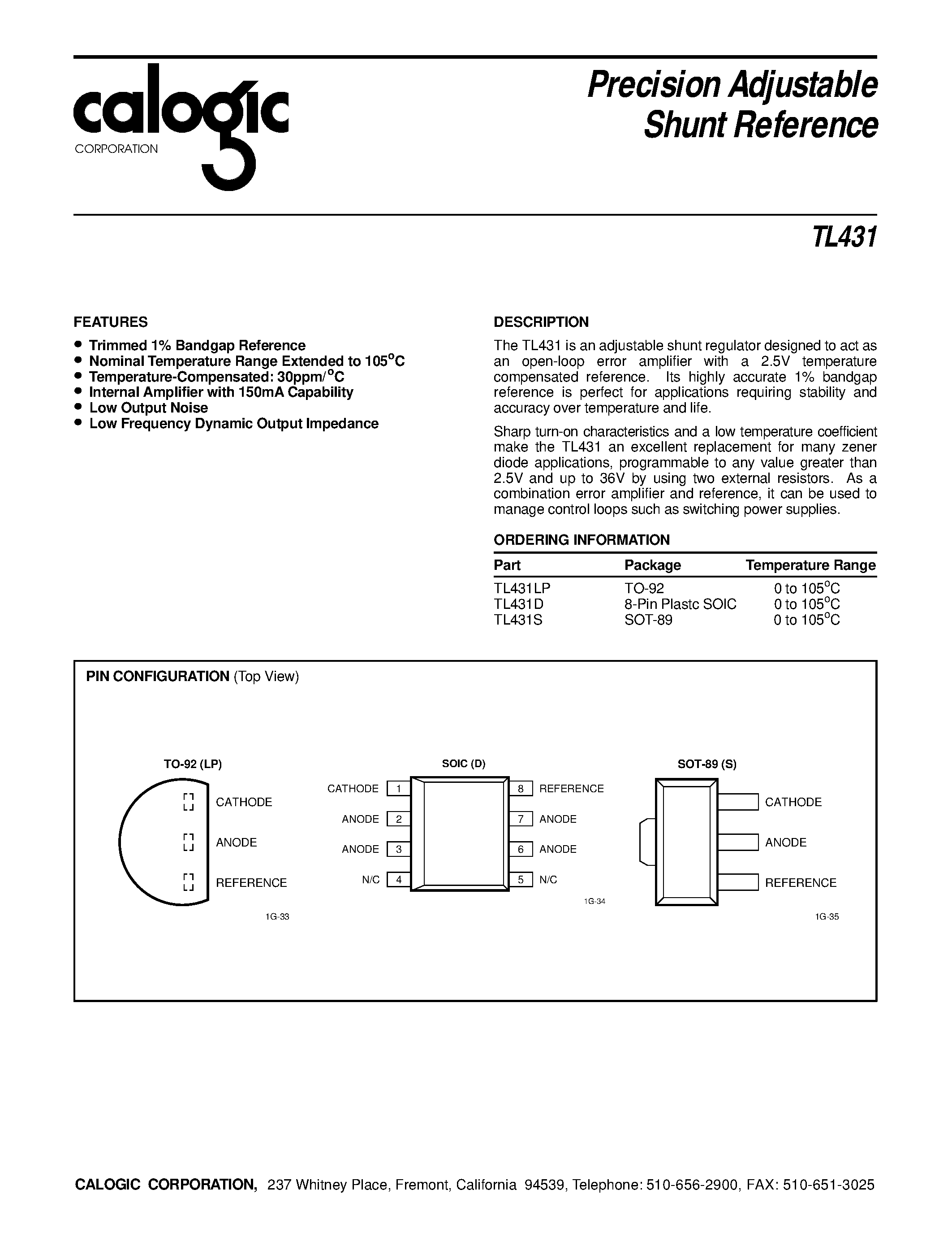 Datasheet TL431D page 1 Datasheet TL431D - Precision Adjustable Precision Adjustable page 1