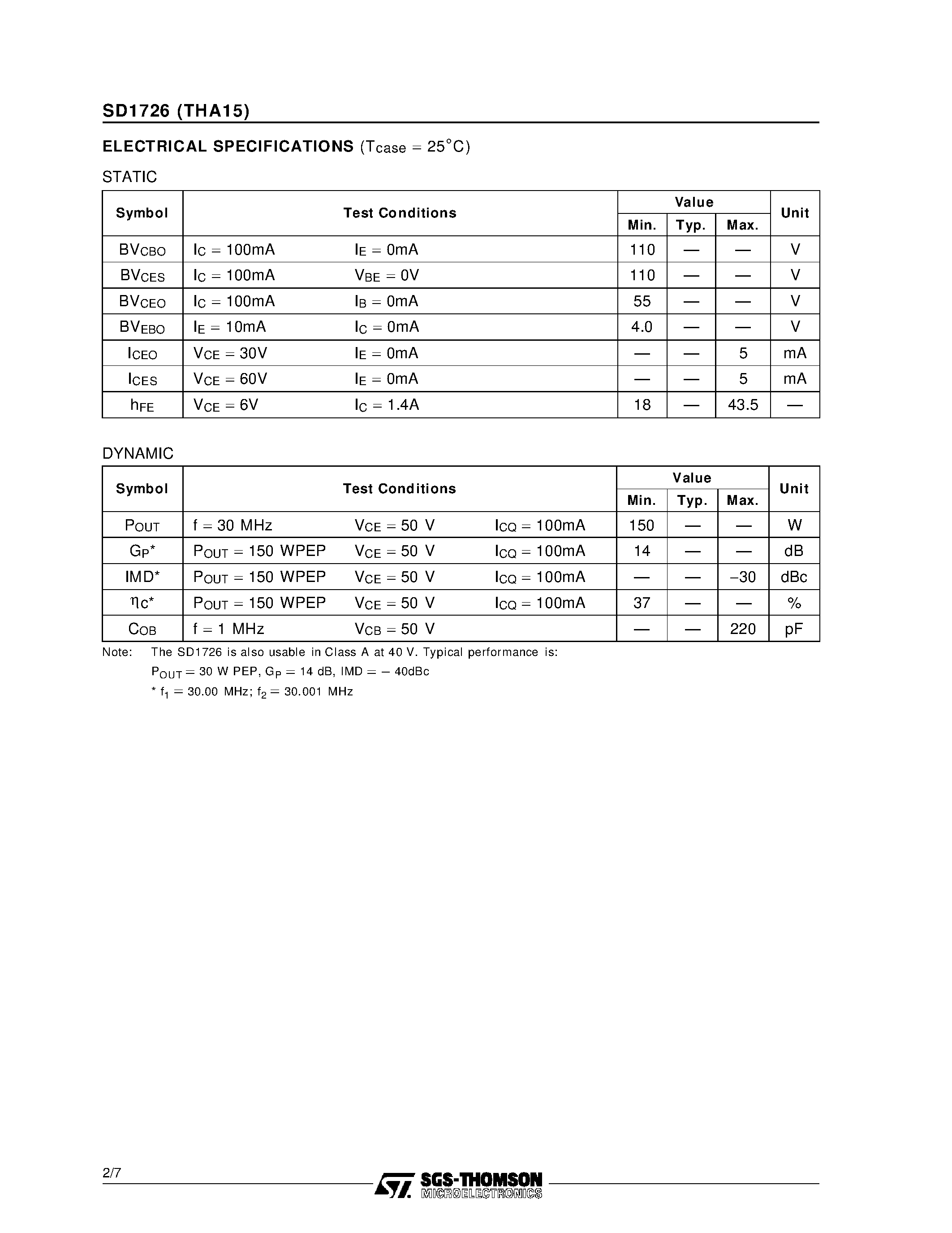 Datasheet THA15 - RF & MICROWAVE TRANSISTORS HF SSB APPLICATIONS page 2