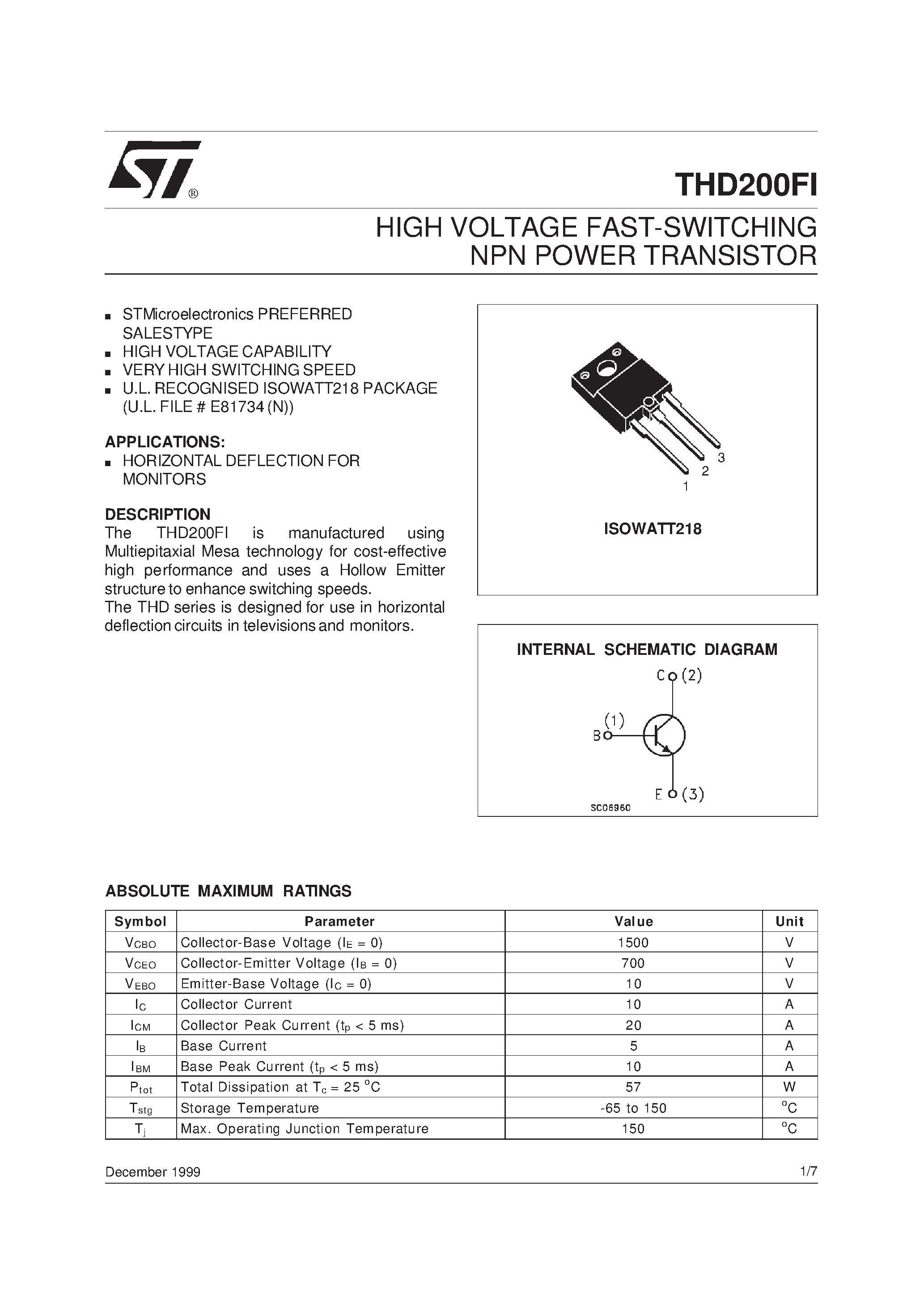 Datasheet THD200FI page 1 Datasheet THD200FI - HIGH VOLTAGE FAST-SWITCHING NPN POWER TRANSISTOR page 1