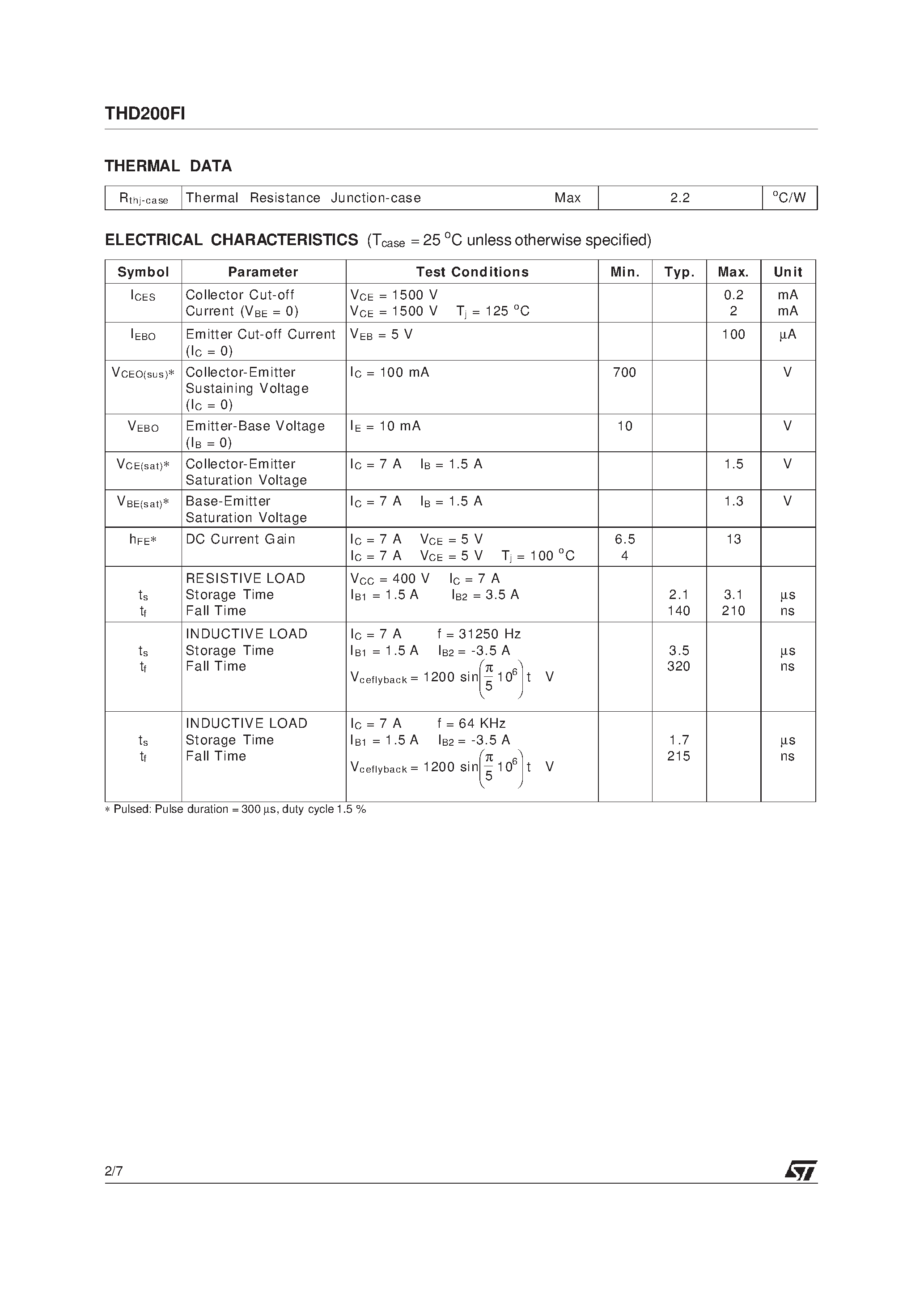 Datasheet THD200FI page 2 Datasheet THD200FI - HIGH VOLTAGE FAST-SWITCHING NPN POWER TRANSISTOR page 2